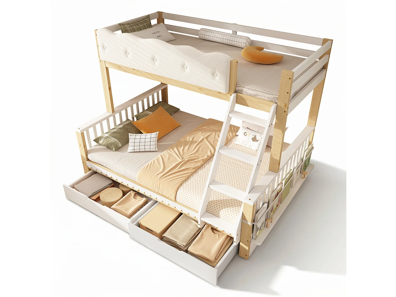 Letto a castello 90 x 200 cm + 140 x 200 cm con sponda di protezione a nuvola, 2 cassetti e portariviste – Pino, truciolato e compensato – Bianco + rovere