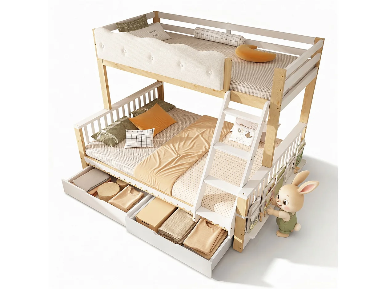 Letto a castello 90 x 200 cm + 140 x 200 cm con sponda di protezione a nuvola, 2 cassetti e portariviste – Pino, truciolato e compensato – Bianco + rovere