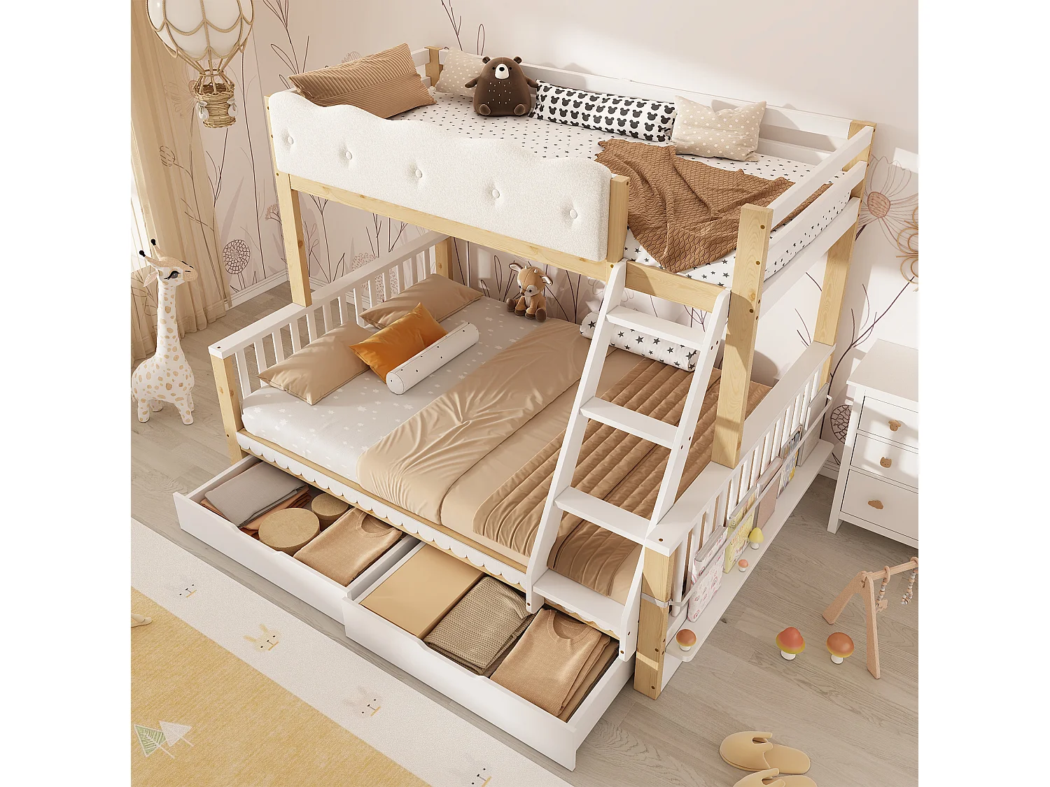 Letto a castello 90 x 200 cm + 140 x 200 cm con sponda di protezione a nuvola, 2 cassetti e portariviste – Pino, truciolato e compensato – Bianco + rovere