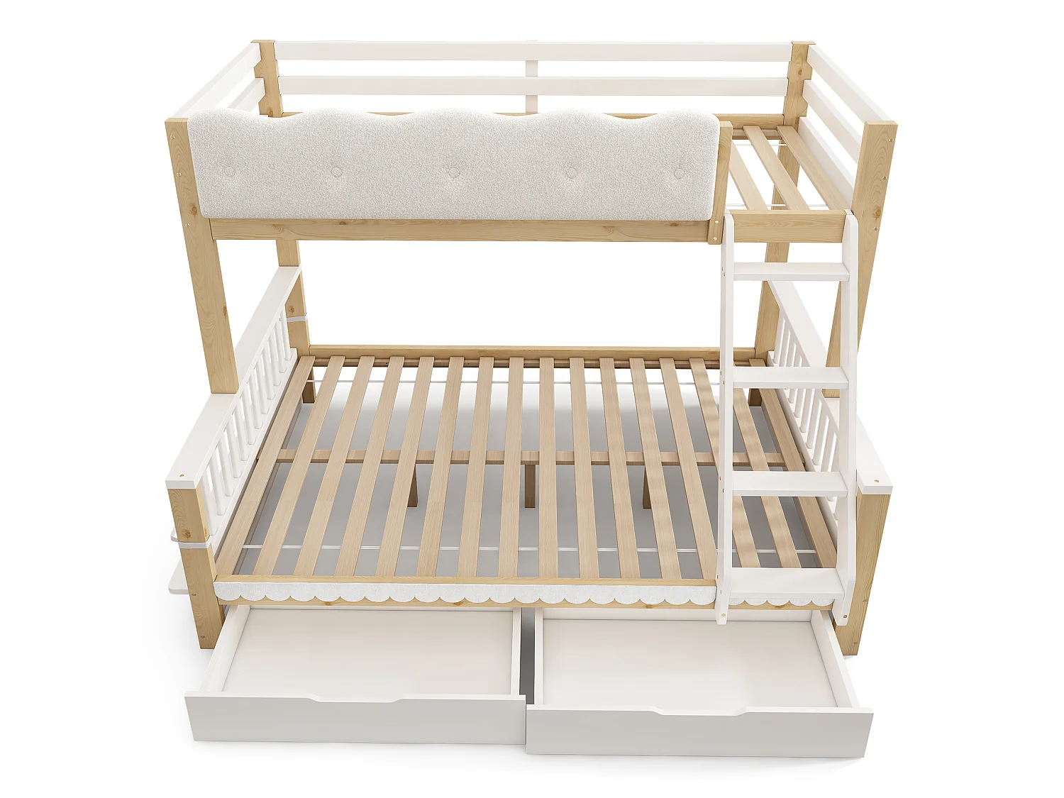 Letto a castello 90 x 200 cm + 140 x 200 cm con sponda di protezione a nuvola, 2 cassetti e portariviste – Pino, truciolato e compensato – Bianco + rovere
