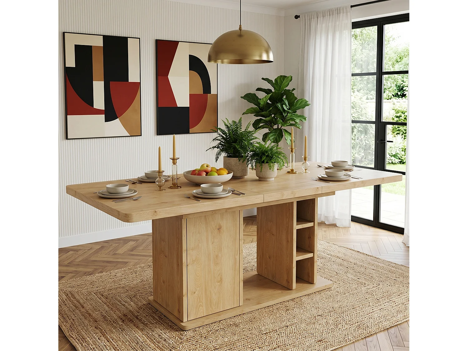 Rozkładany stół jadalny z 1 drzwiami i otwartymi przegródkami - MDF - 140-180 x 80 x 75 cm - Dąb
