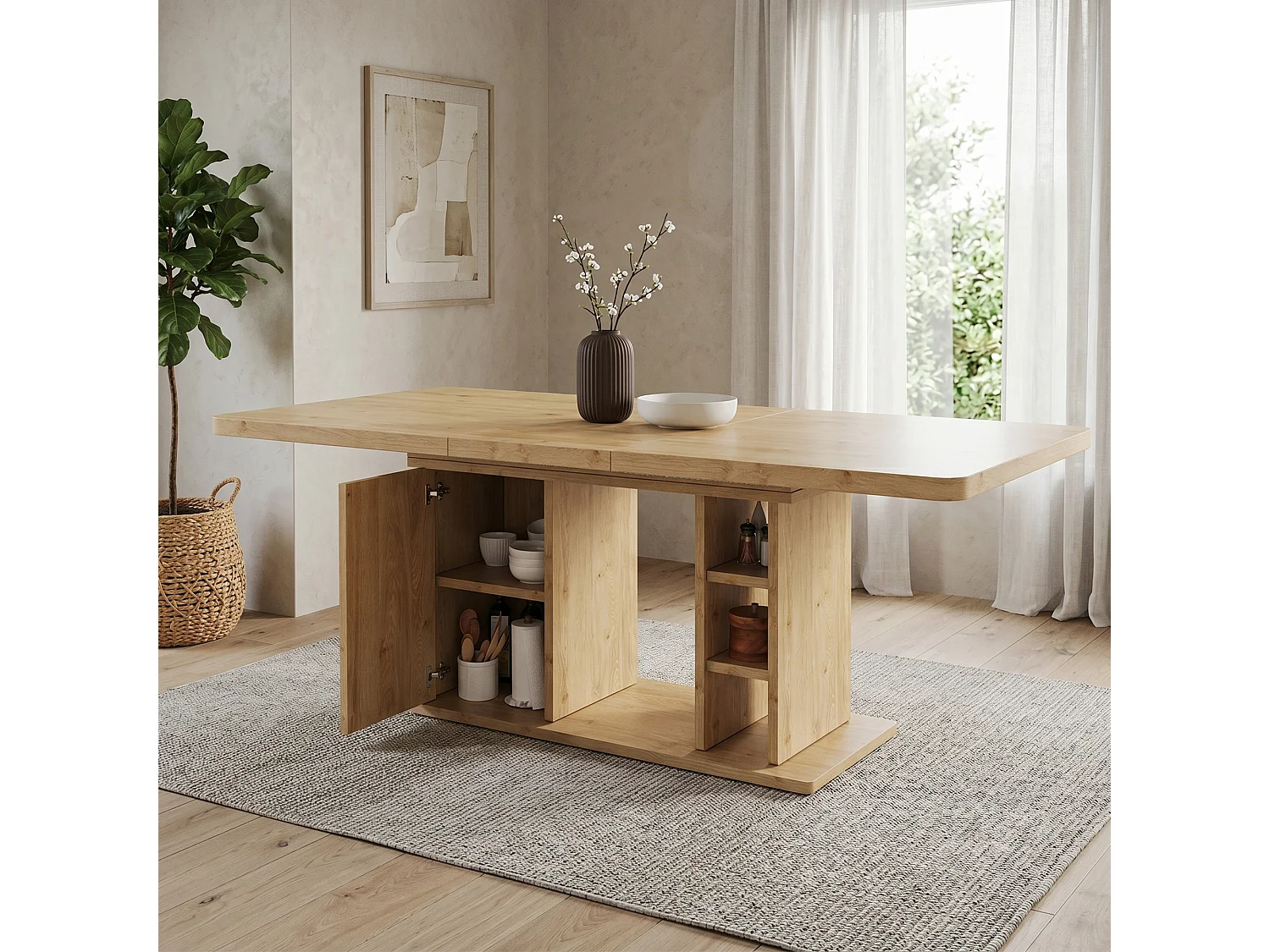 Rozkładany stół jadalny z 1 drzwiami i otwartymi przegródkami - MDF - 140-180 x 80 x 75 cm - Dąb