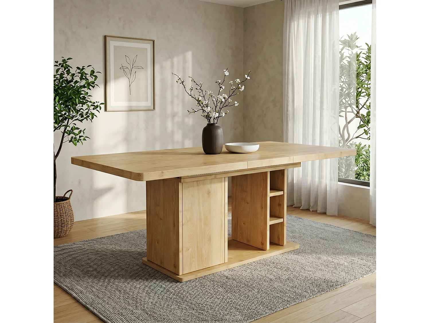 Rozkładany stół jadalny z 1 drzwiami i otwartymi przegródkami - MDF - 140-180 x 80 x 75 cm - Dąb
