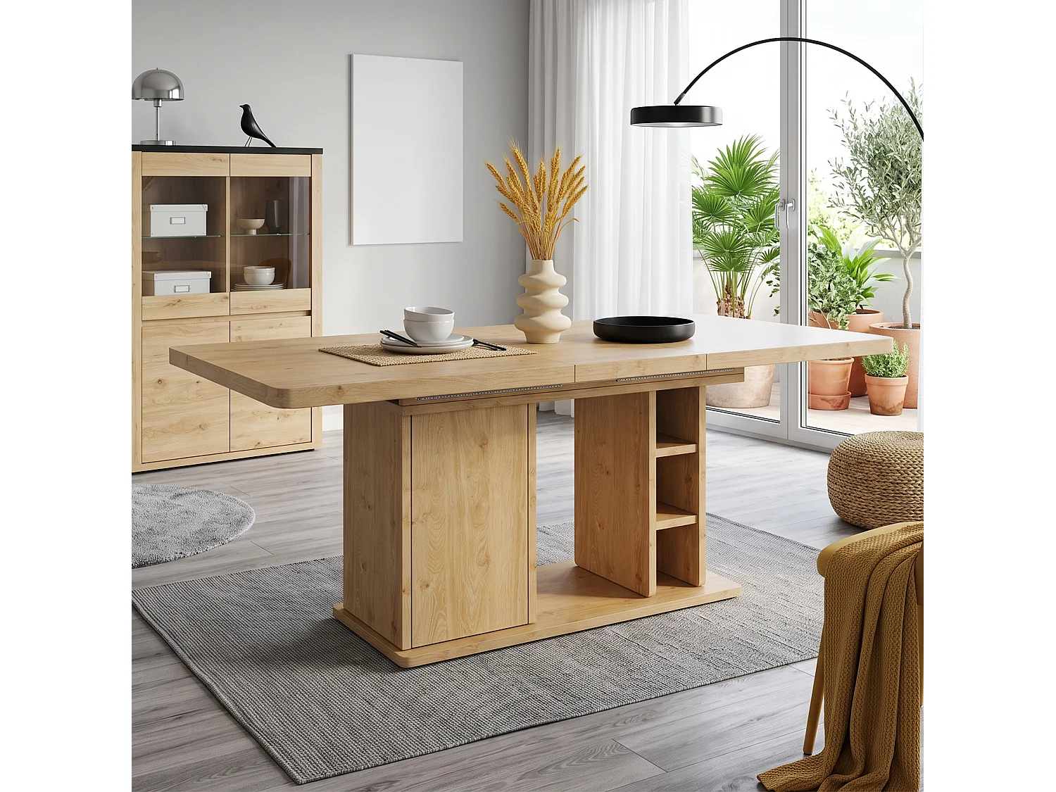 Rozkładany stół jadalny z 1 drzwiami i otwartymi przegródkami - MDF - 140-180 x 80 x 75 cm - Dąb