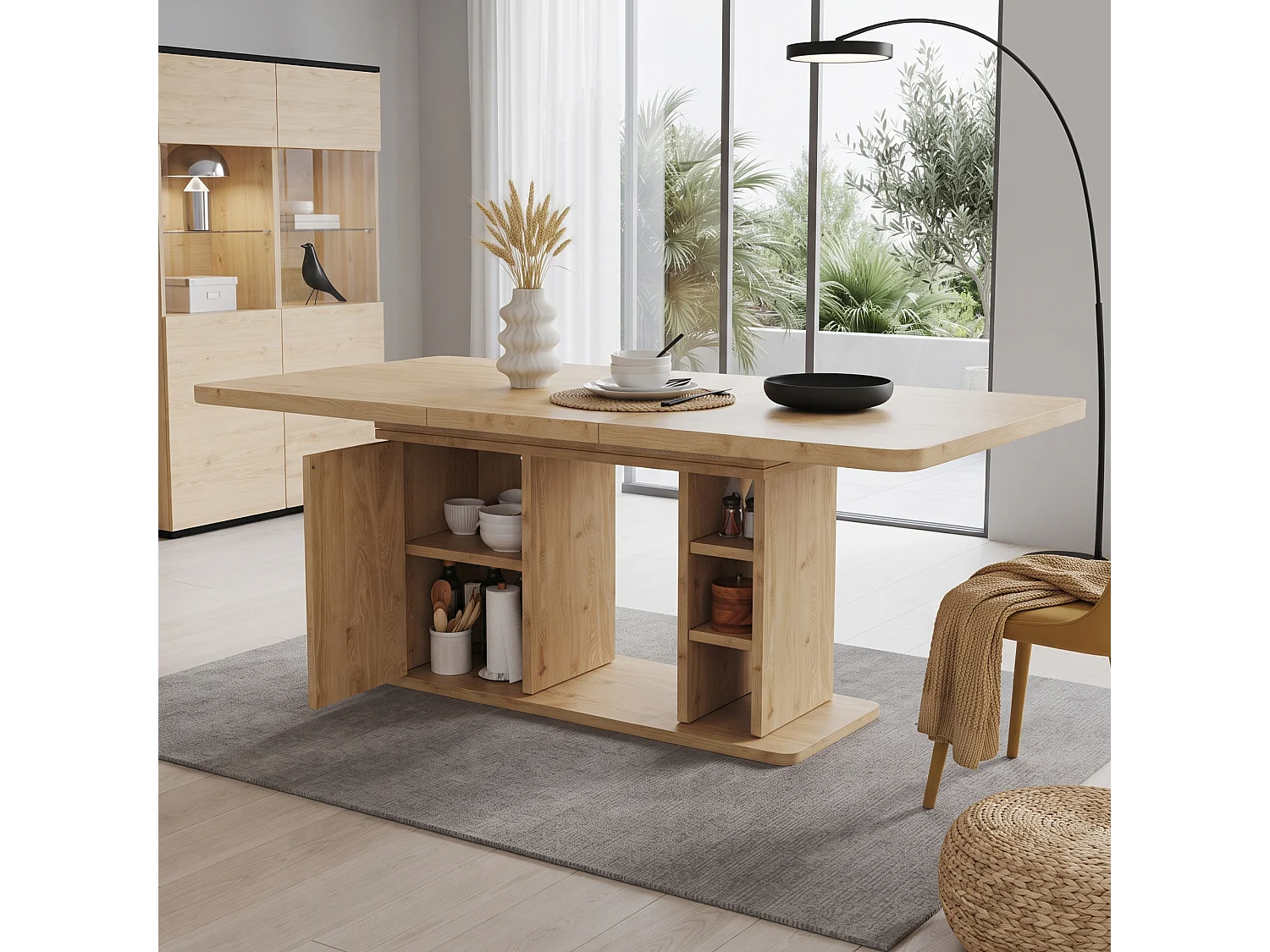 Rozkładany stół jadalny z 1 drzwiami i otwartymi przegródkami - MDF - 140-180 x 80 x 75 cm - Dąb