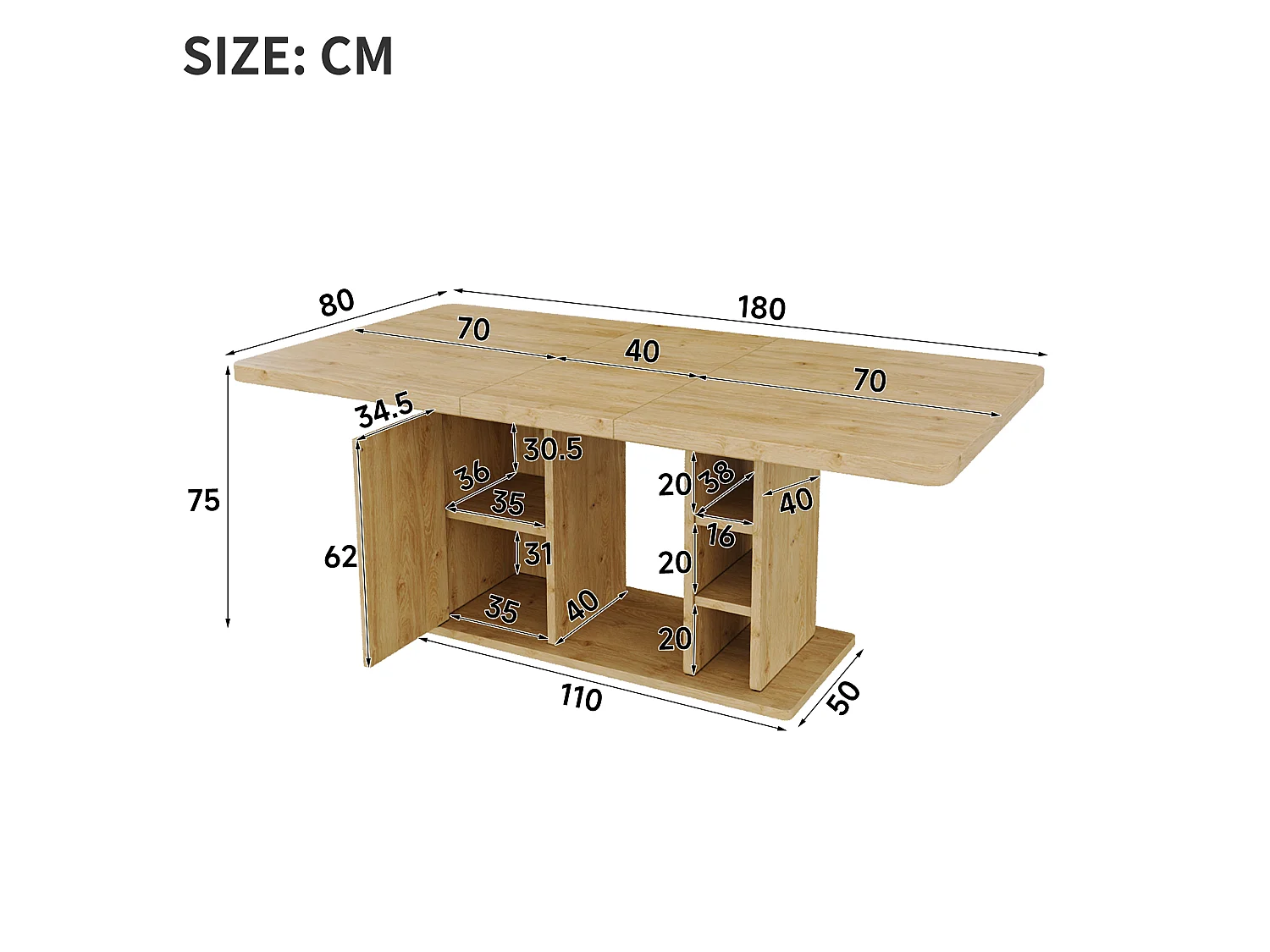 Rozkładany stół jadalny z 1 drzwiami i otwartymi przegródkami - MDF - 140-180 x 80 x 75 cm - Dąb
