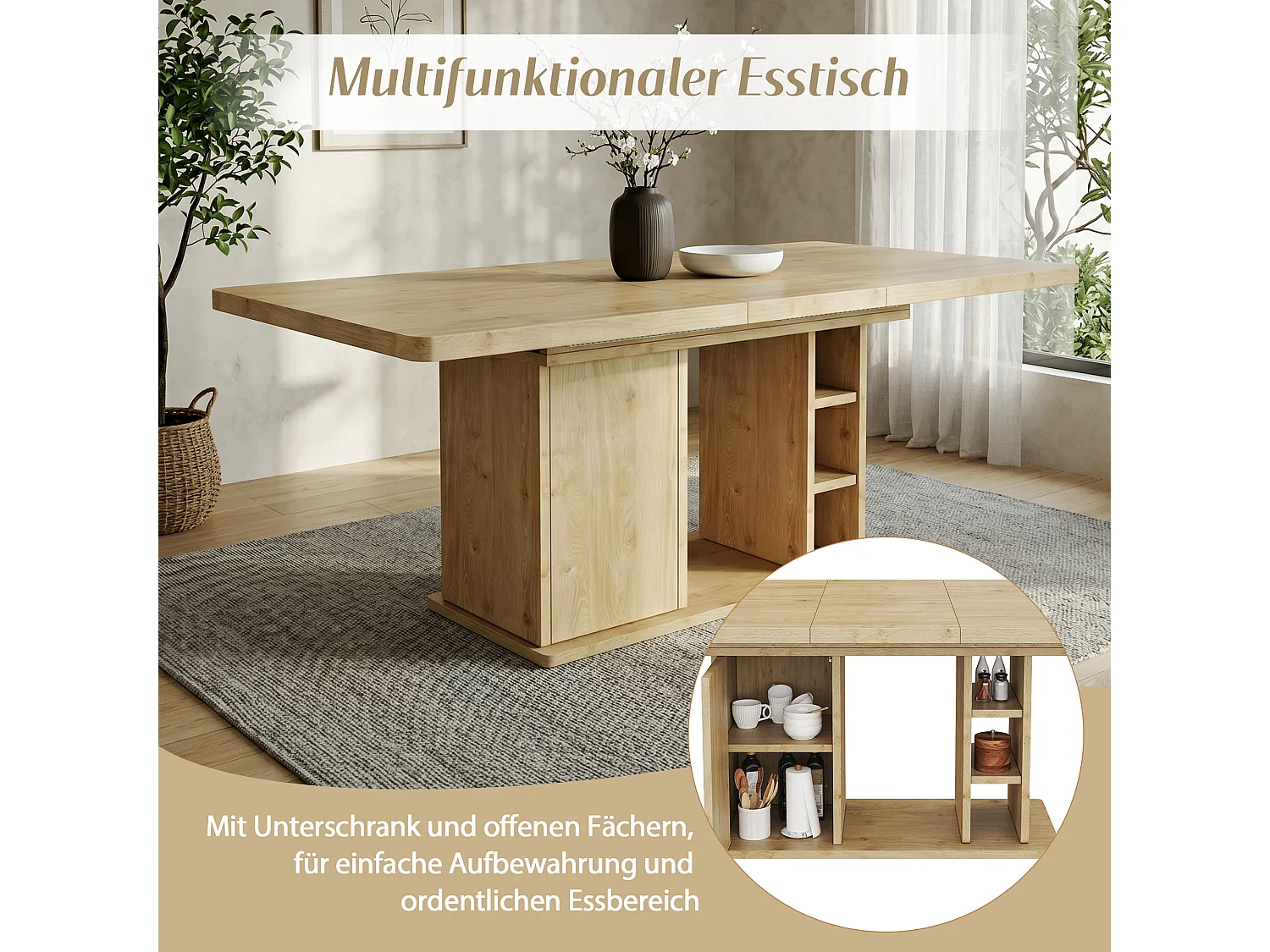 Rozkładany stół jadalny z 1 drzwiami i otwartymi przegródkami - MDF - 140-180 x 80 x 75 cm - Dąb