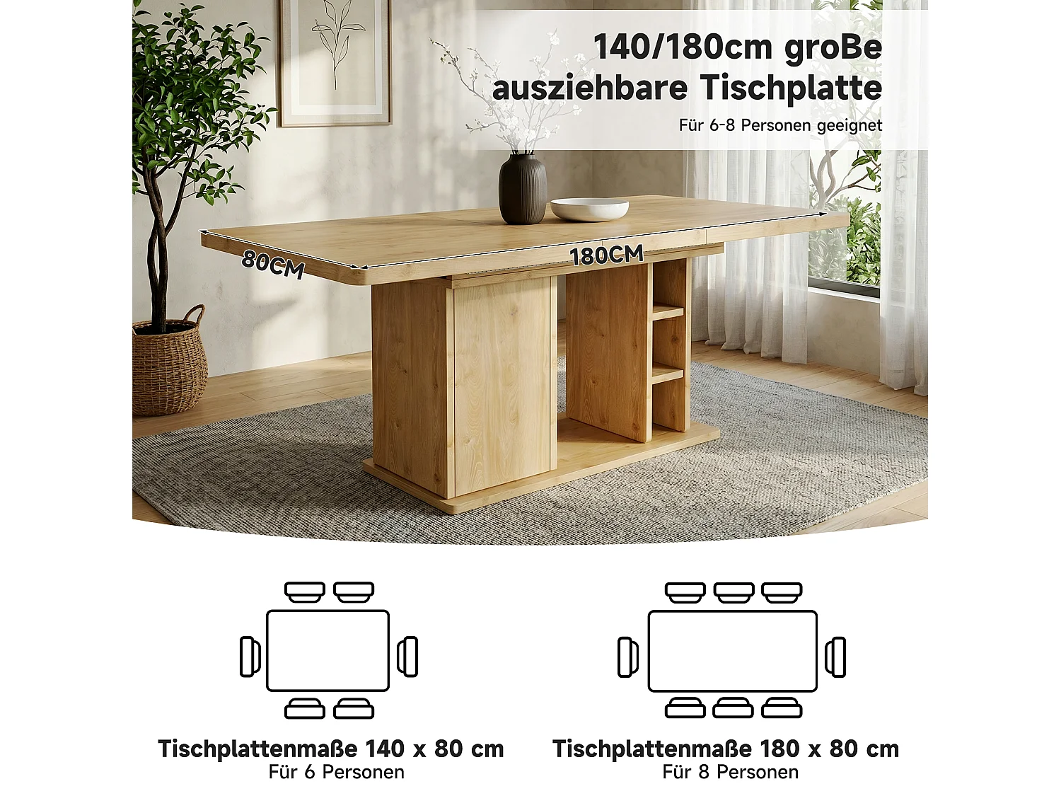 Rozkładany stół jadalny z 1 drzwiami i otwartymi przegródkami - MDF - 140-180 x 80 x 75 cm - Dąb