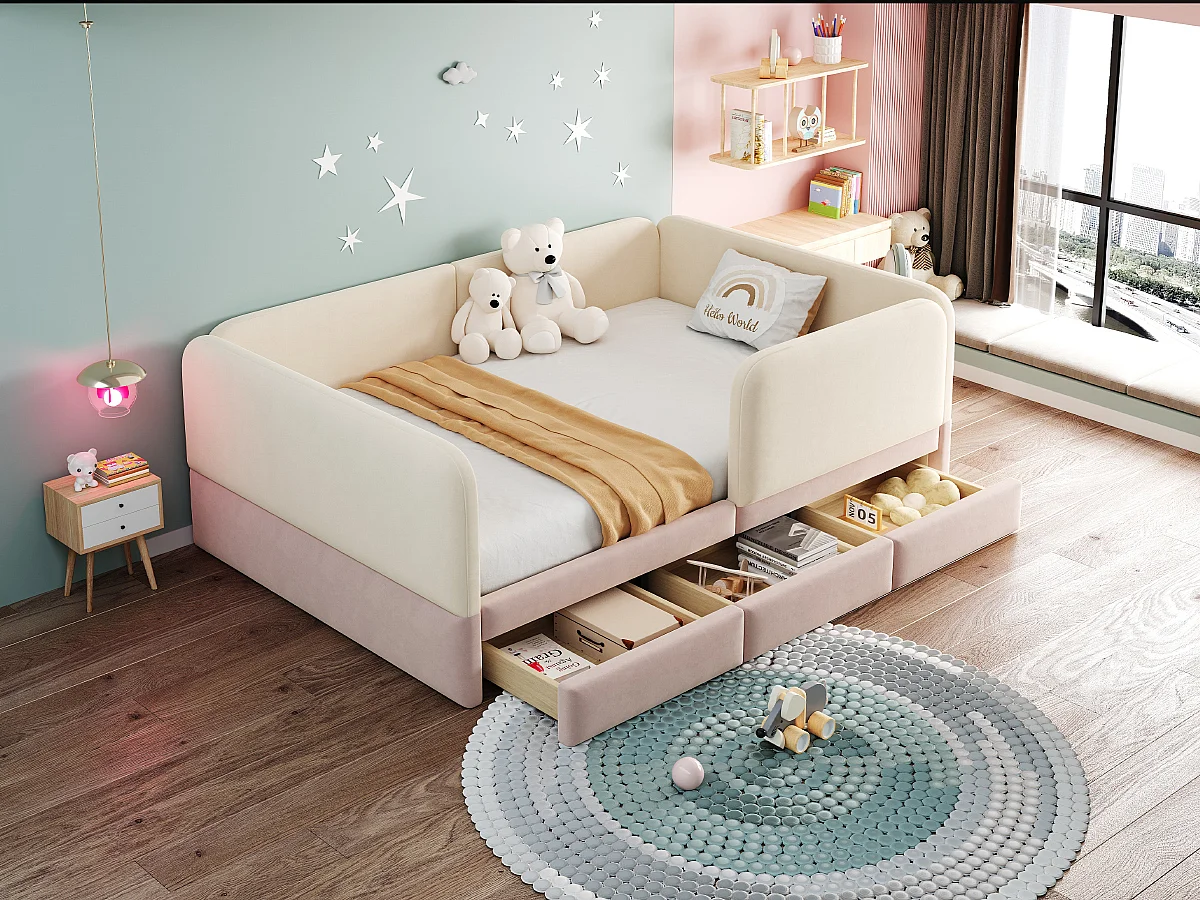 Lit capitonné 140 x 200 cm avec 3 tiroirs, barrières de sécurité et coins arrondis - Velours - Rose (Sans matelas)