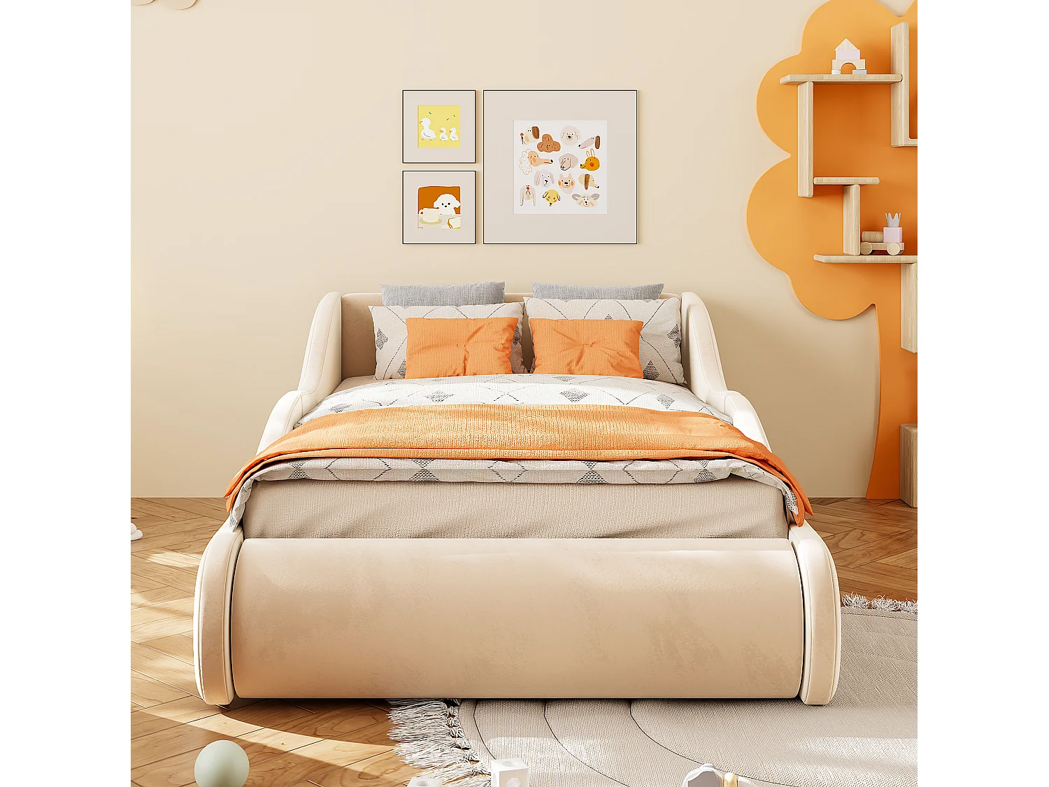 Klädd säng 90 x 200 cm med hög huvudgavel och sänggrindar - Sammet - Beige (Madrass ingår ej)