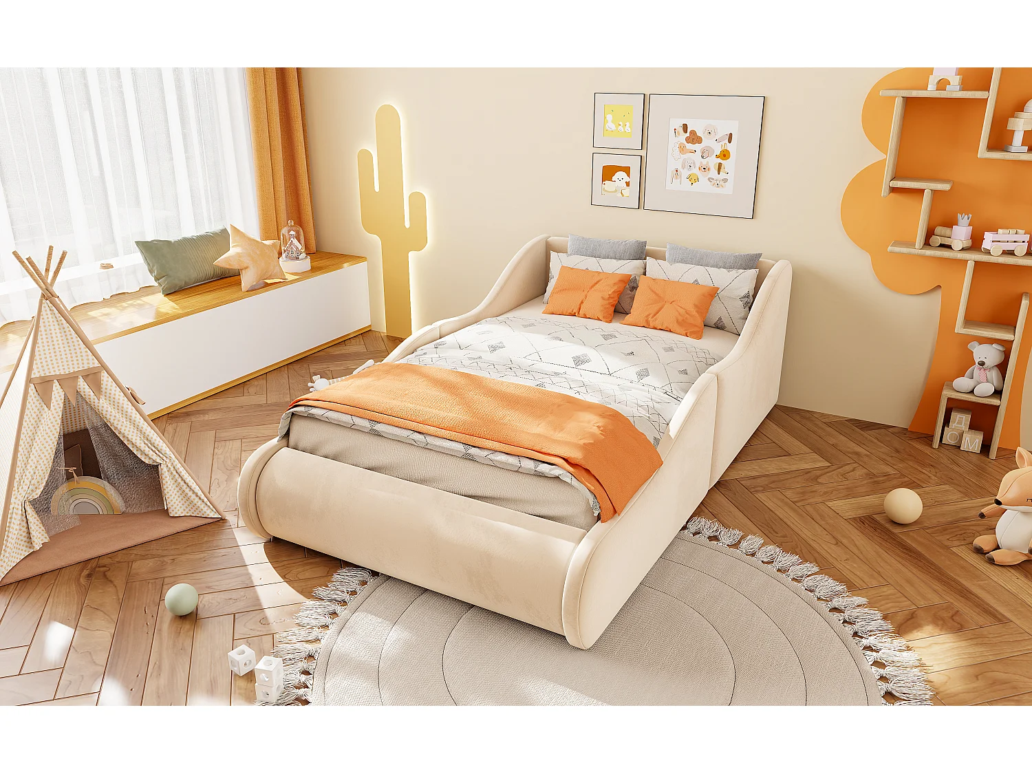 Klädd säng 90 x 200 cm med hög huvudgavel och sänggrindar - Sammet - Beige (Madrass ingår ej)