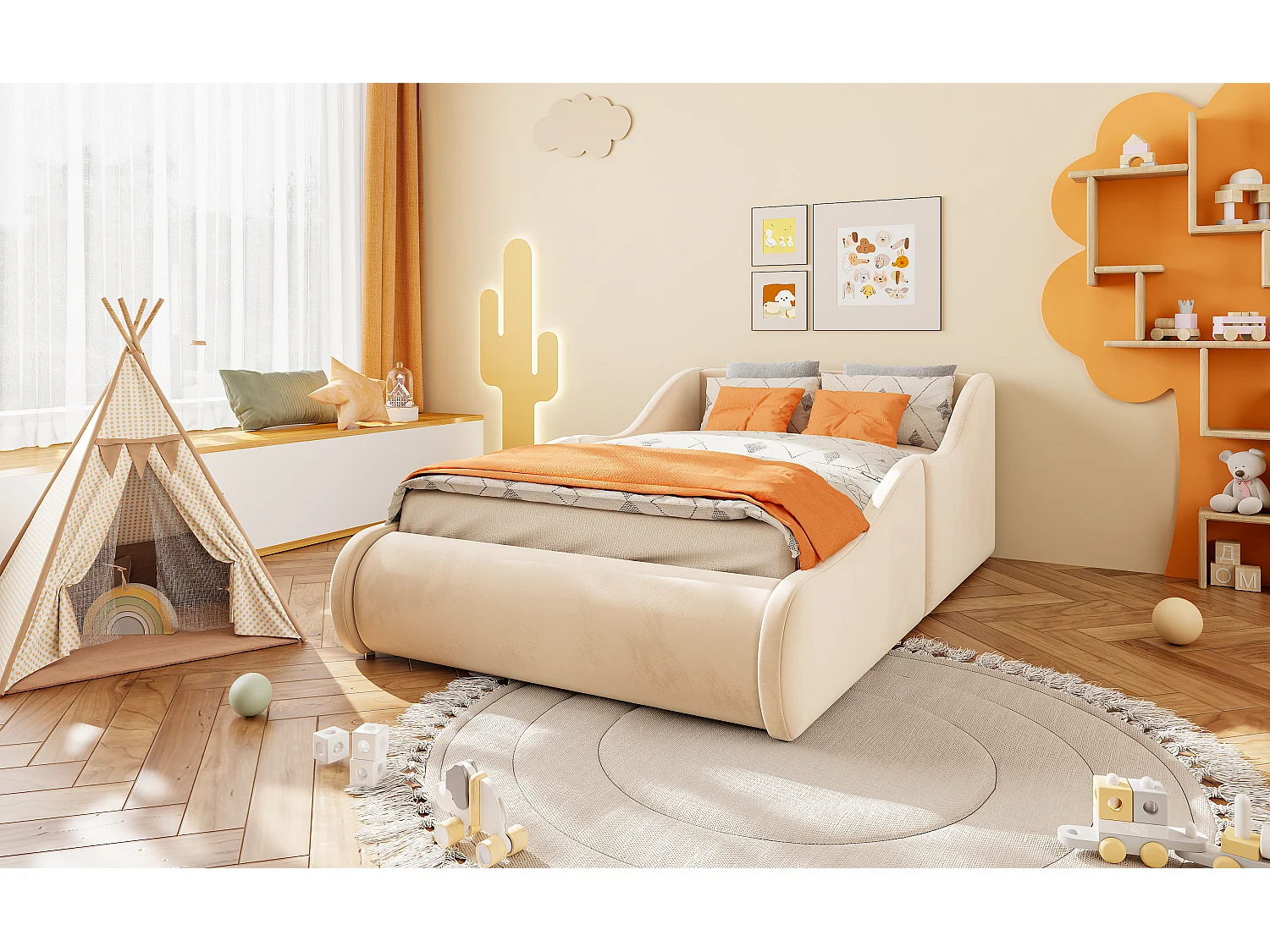 Klädd säng 90 x 200 cm med hög huvudgavel och sänggrindar - Sammet - Beige (Madrass ingår ej)