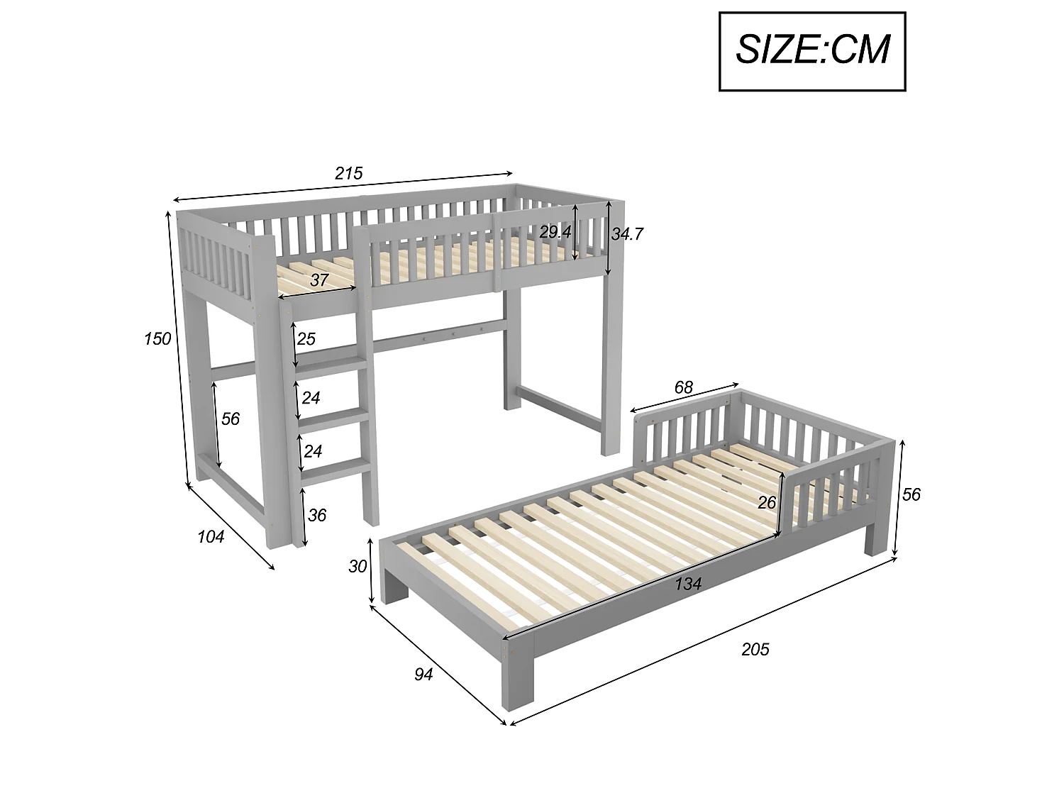 Letti a castello modulari 2 x 90 x 200 cm con sponde di sicurezza - Legno - Grigio (Materasso non incluso)
