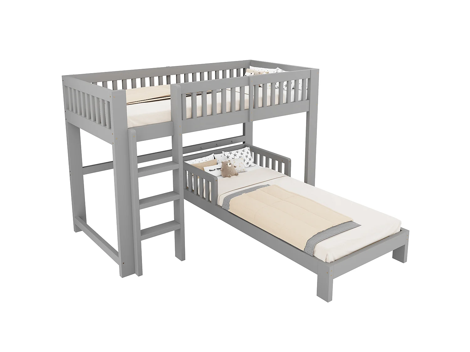 Letti a castello modulari 2 x 90 x 200 cm con sponde di sicurezza - Legno - Grigio (Materasso non incluso)