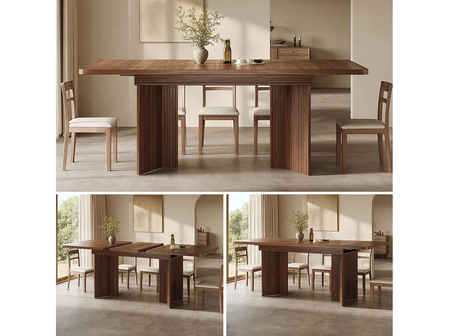 Ausziehbarer rechteckiger Esstisch mit vertikal gerillten, V-förmigen Beinen – MDF und Metall – 120/160 x 80 x 76,1 cm – Braun
