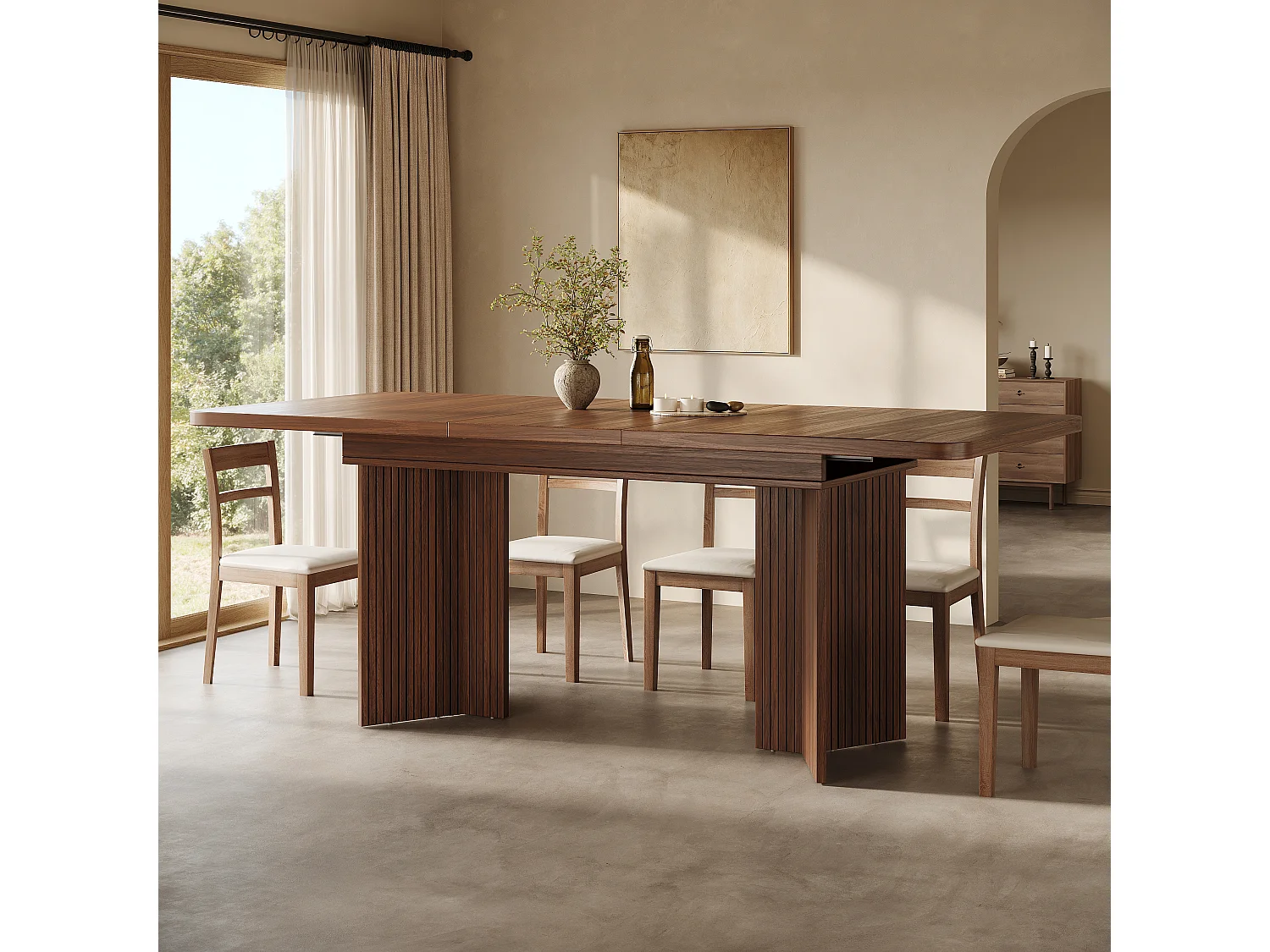 Ausziehbarer rechteckiger Esstisch mit vertikal gerillten, V-förmigen Beinen – MDF und Metall – 120/160 x 80 x 76,1 cm – Braun
