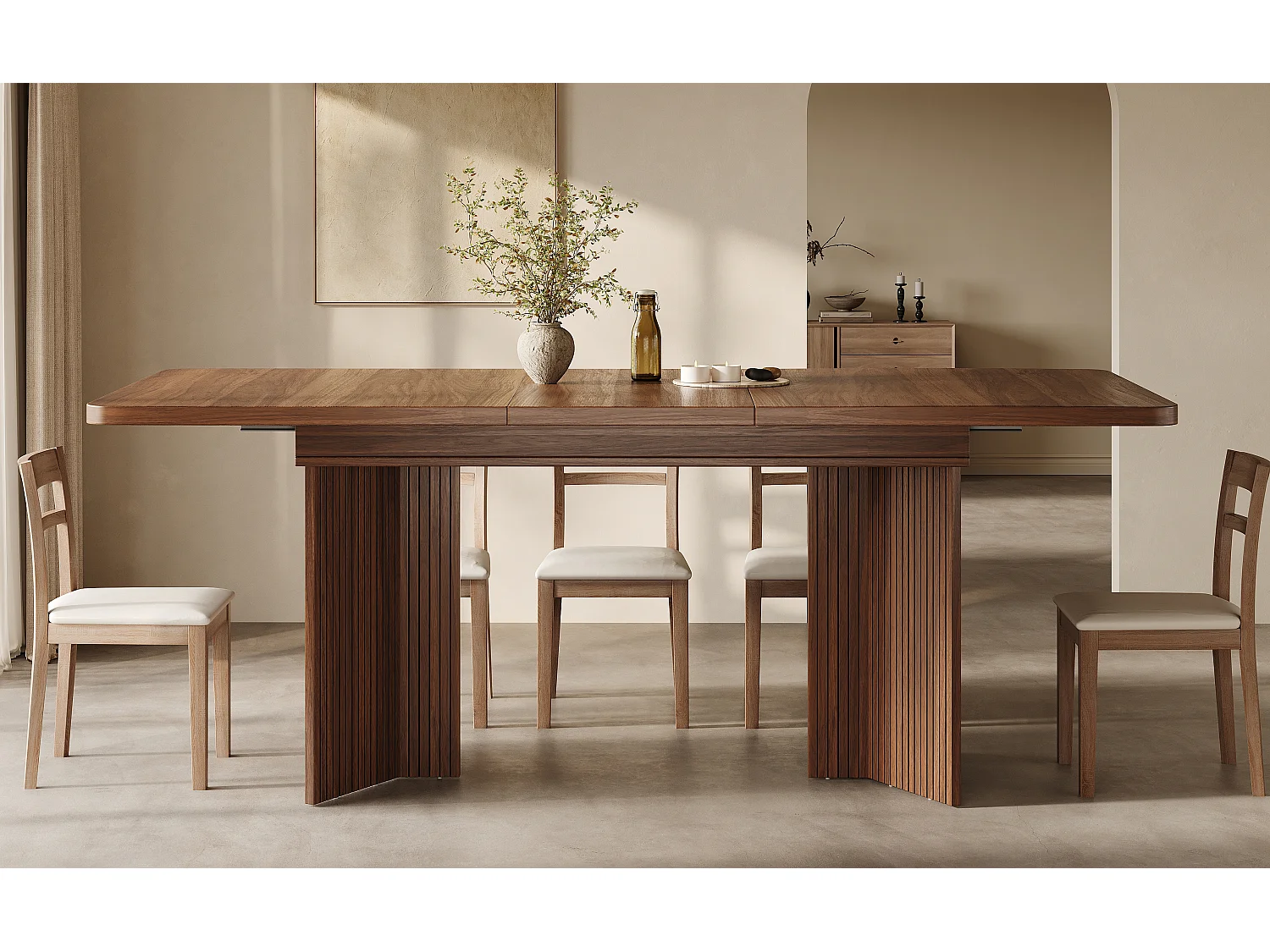 Ausziehbarer rechteckiger Esstisch mit vertikal gerillten, V-förmigen Beinen – MDF und Metall – 120/160 x 80 x 76,1 cm – Braun