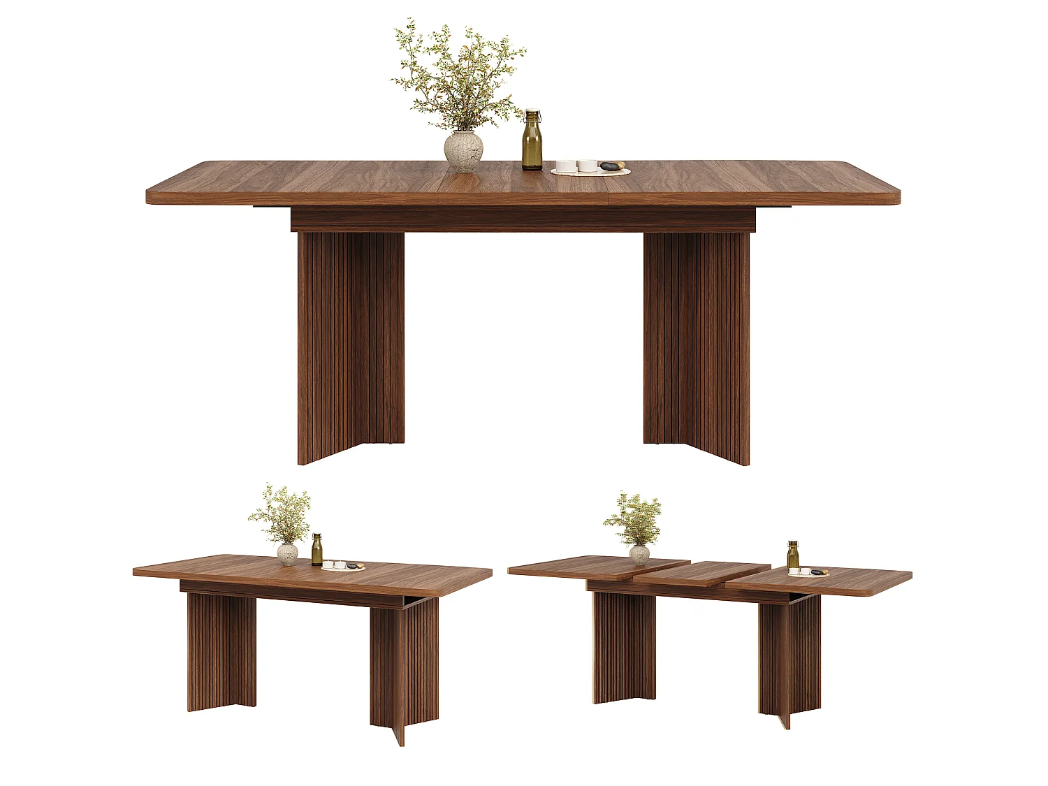 Ausziehbarer rechteckiger Esstisch mit vertikal gerillten, V-förmigen Beinen – MDF und Metall – 120/160 x 80 x 76,1 cm – Braun