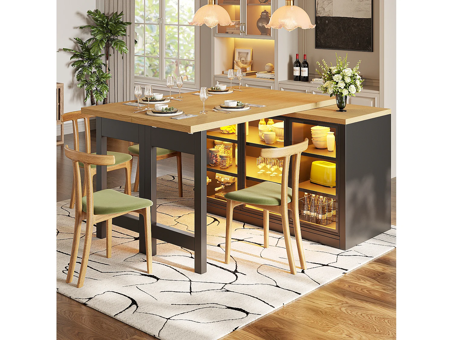 Wielofunkcyjny rozkładany stół jadalny z obrotem 360°, 3 szklanymi drzwiami i oświetleniem LED - MDF i szkło - 120/197 x 40 x 72 cm - Czarny