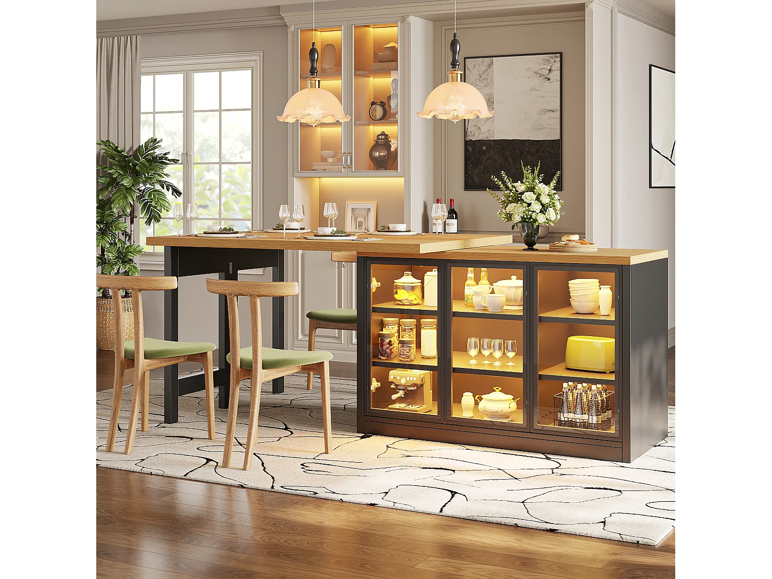 Wielofunkcyjny rozkładany stół jadalny z obrotem 360°, 3 szklanymi drzwiami i oświetleniem LED - MDF i szkło - 120/197 x 40 x 72 cm - Czarny