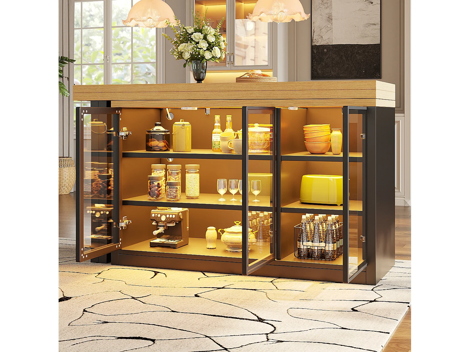 Wielofunkcyjny rozkładany stół jadalny z obrotem 360°, 3 szklanymi drzwiami i oświetleniem LED - MDF i szkło - 120/197 x 40 x 72 cm - Czarny