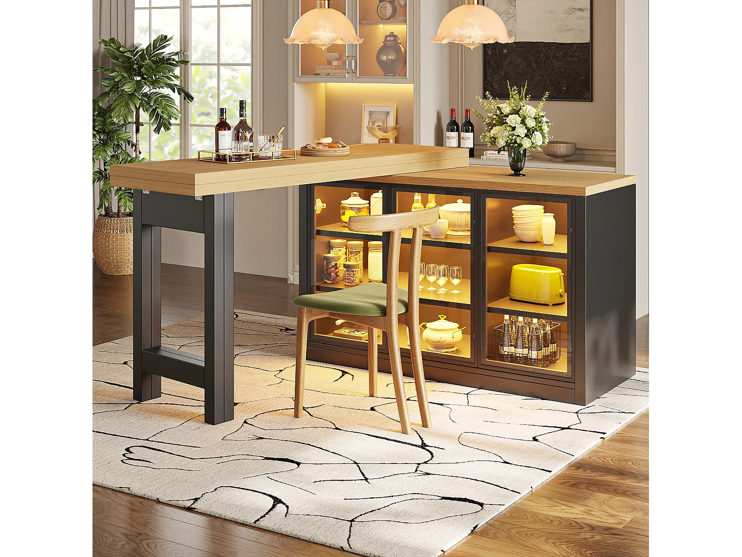 Wielofunkcyjny rozkładany stół jadalny z obrotem 360°, 3 szklanymi drzwiami i oświetleniem LED - MDF i szkło - 120/197 x 40 x 72 cm - Czarny