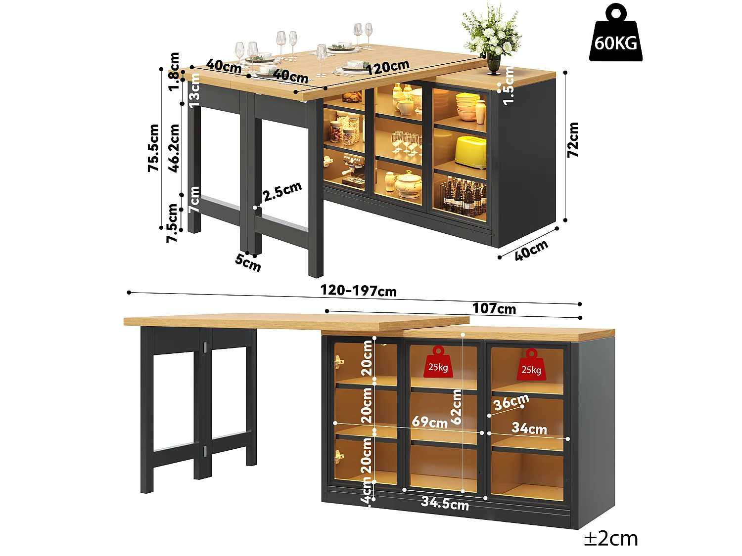 Wielofunkcyjny rozkładany stół jadalny z obrotem 360°, 3 szklanymi drzwiami i oświetleniem LED - MDF i szkło - 120/197 x 40 x 72 cm - Czarny