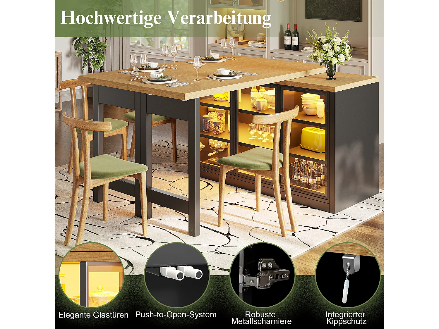 Wielofunkcyjny rozkładany stół jadalny z obrotem 360°, 3 szklanymi drzwiami i oświetleniem LED - MDF i szkło - 120/197 x 40 x 72 cm - Czarny