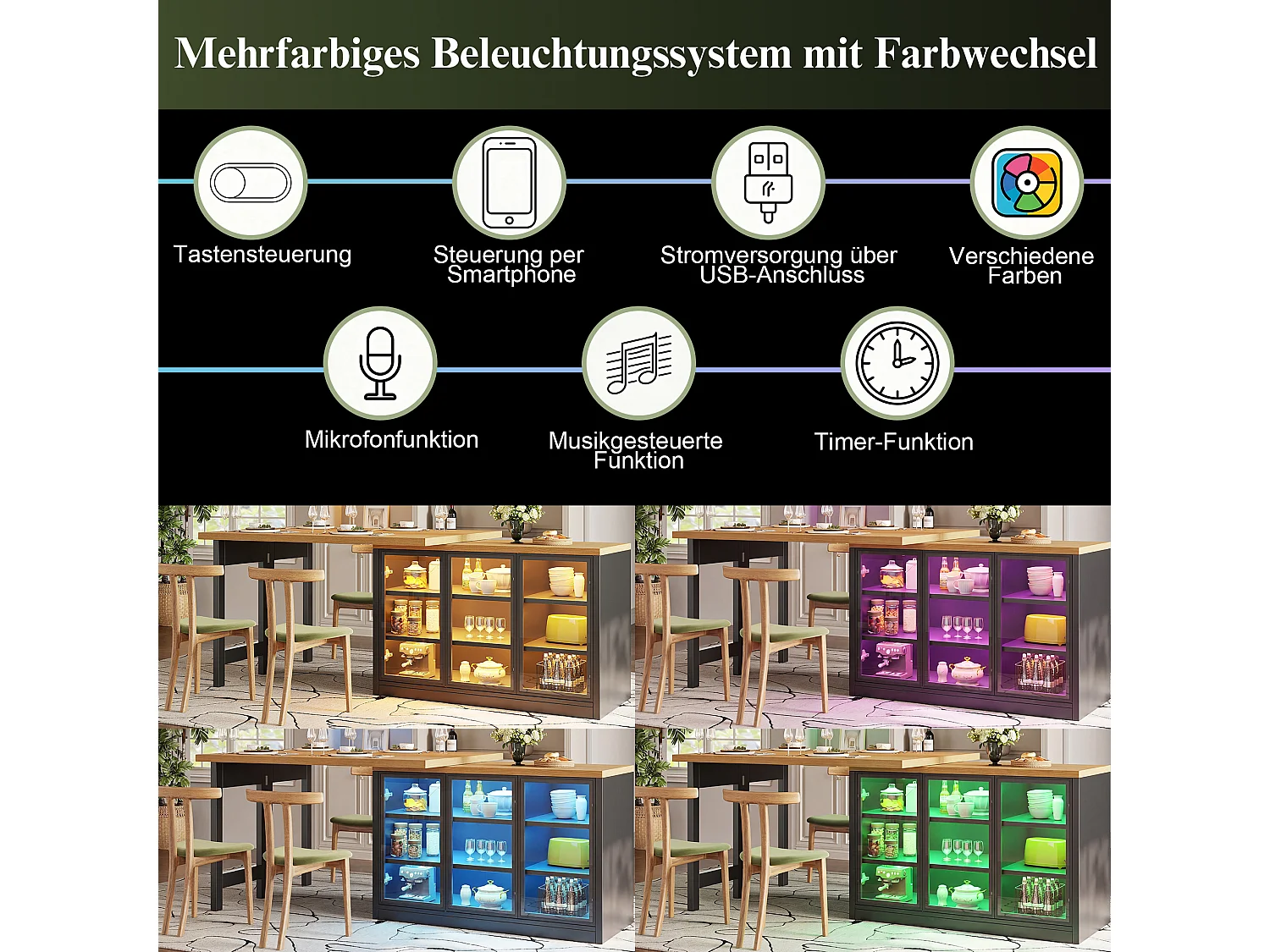 Wielofunkcyjny rozkładany stół jadalny z obrotem 360°, 3 szklanymi drzwiami i oświetleniem LED - MDF i szkło - 120/197 x 40 x 72 cm - Czarny