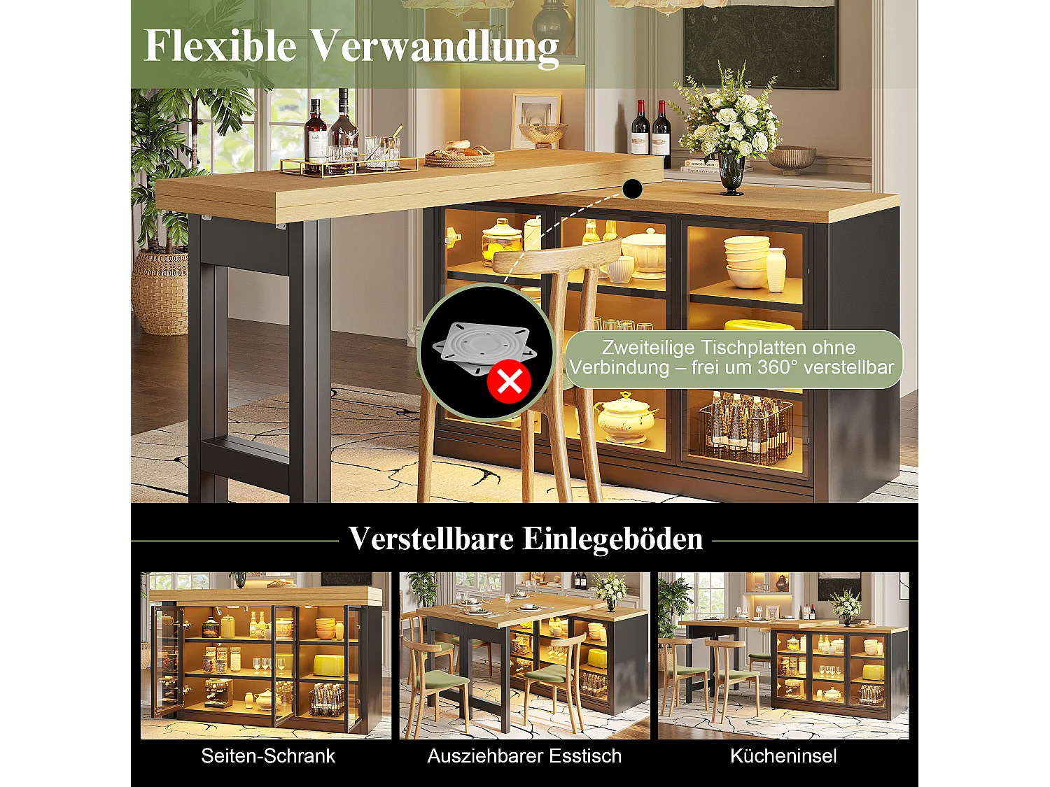 Wielofunkcyjny rozkładany stół jadalny z obrotem 360°, 3 szklanymi drzwiami i oświetleniem LED - MDF i szkło - 120/197 x 40 x 72 cm - Czarny