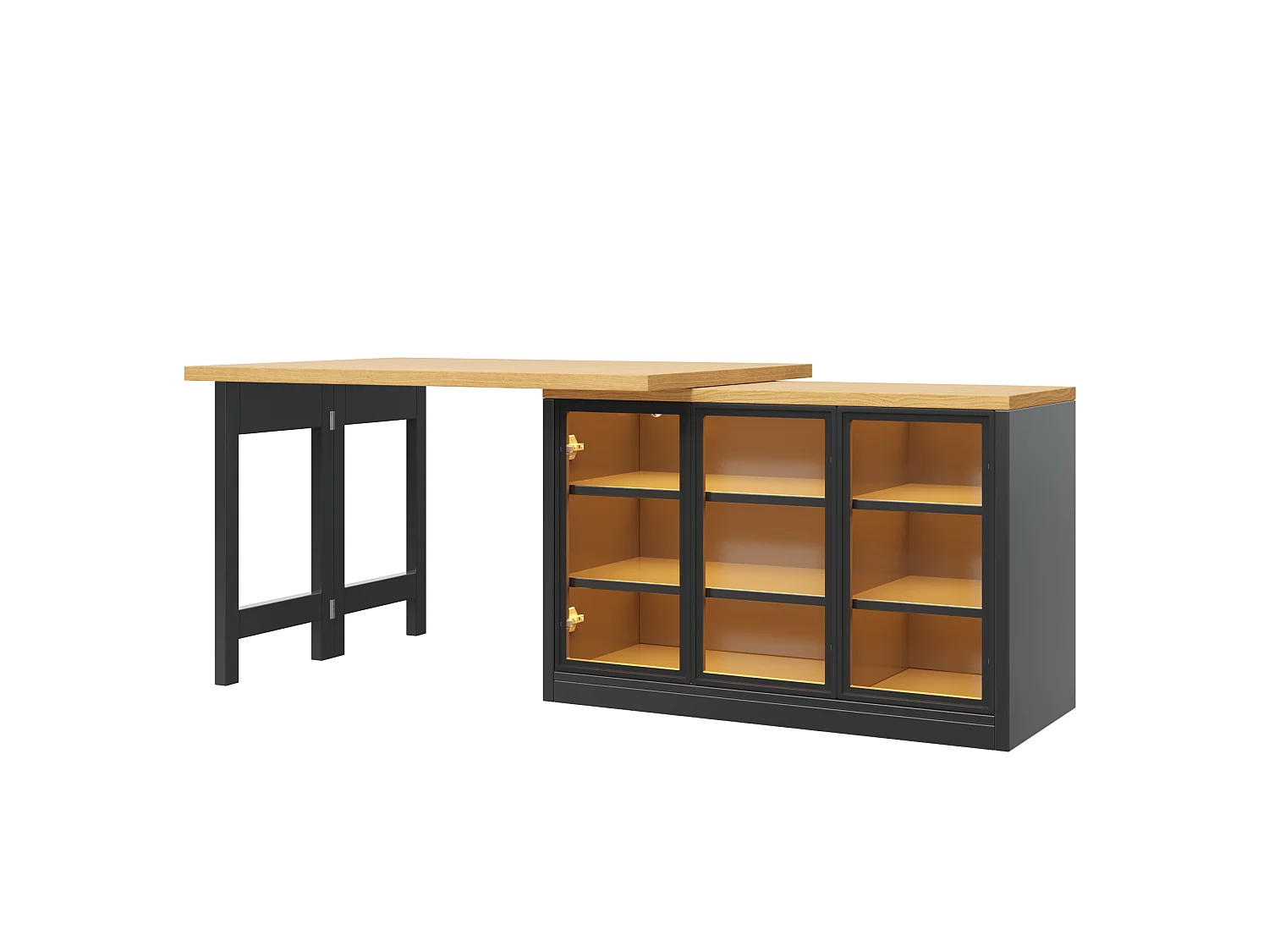 Wielofunkcyjny rozkładany stół jadalny z obrotem 360°, 3 szklanymi drzwiami i oświetleniem LED - MDF i szkło - 120/197 x 40 x 72 cm - Czarny