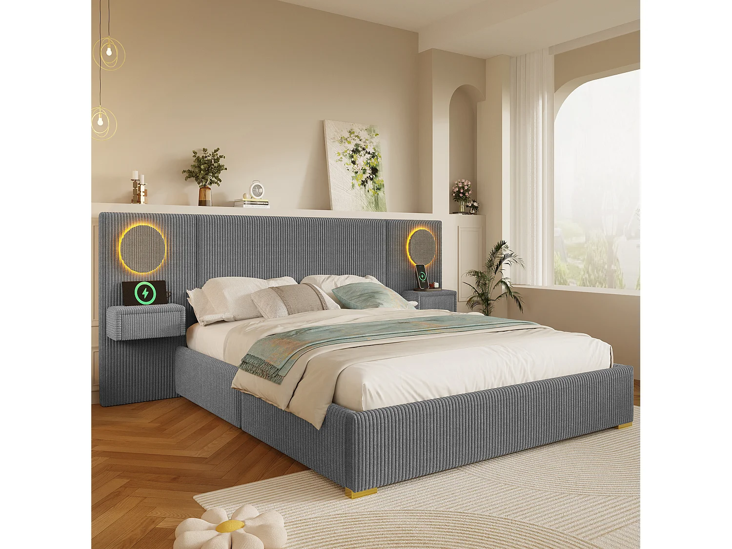 Łóżko tapicerowane 180 x 200 cm z zagłówkiem LED, portami USB i stolikami nocnymi z szufladami - MDF + Aksamit - Szary (Materac nie jest wliczony w cenę)