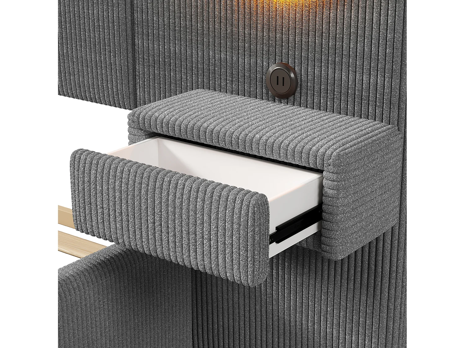 Łóżko tapicerowane 180 x 200 cm z zagłówkiem LED, portami USB i stolikami nocnymi z szufladami - MDF + Aksamit - Szary (Materac nie jest wliczony w cenę)