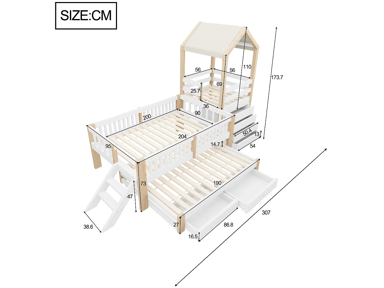 Utdragbar säng 90 x 200 cm + 90 x 190 cm med 6 lådor och trappor - Massivt trä - Vitt och trä (Madrass ingår ej)