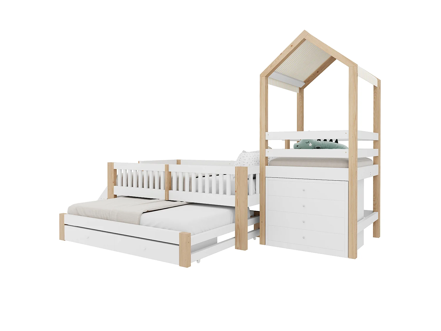 Utdragbar säng 90 x 200 cm + 90 x 190 cm med 6 lådor och trappor - Massivt trä - Vitt och trä (Madrass ingår ej)