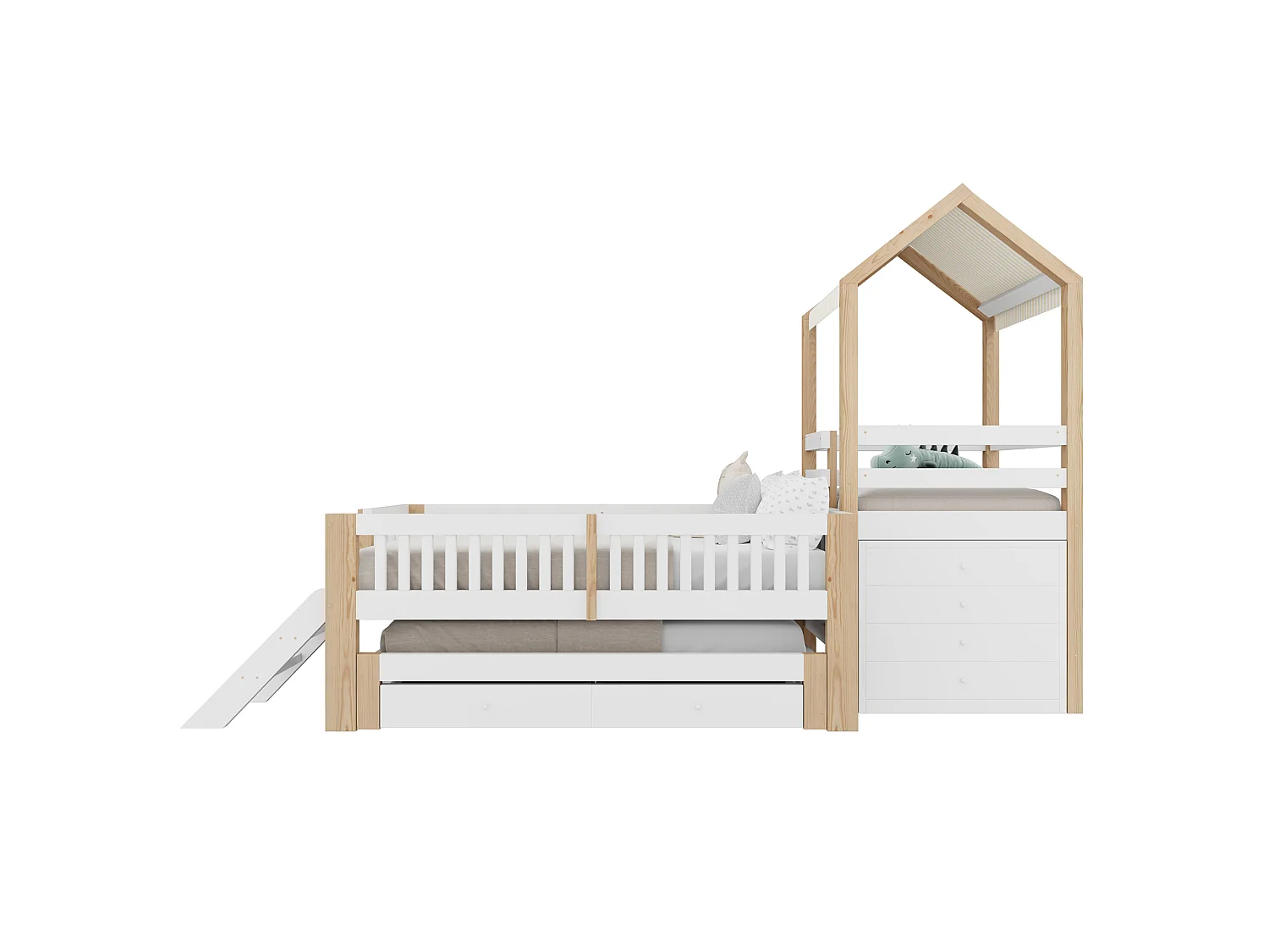 Utdragbar säng 90 x 200 cm + 90 x 190 cm med 6 lådor och trappor - Massivt trä - Vitt och trä (Madrass ingår ej)