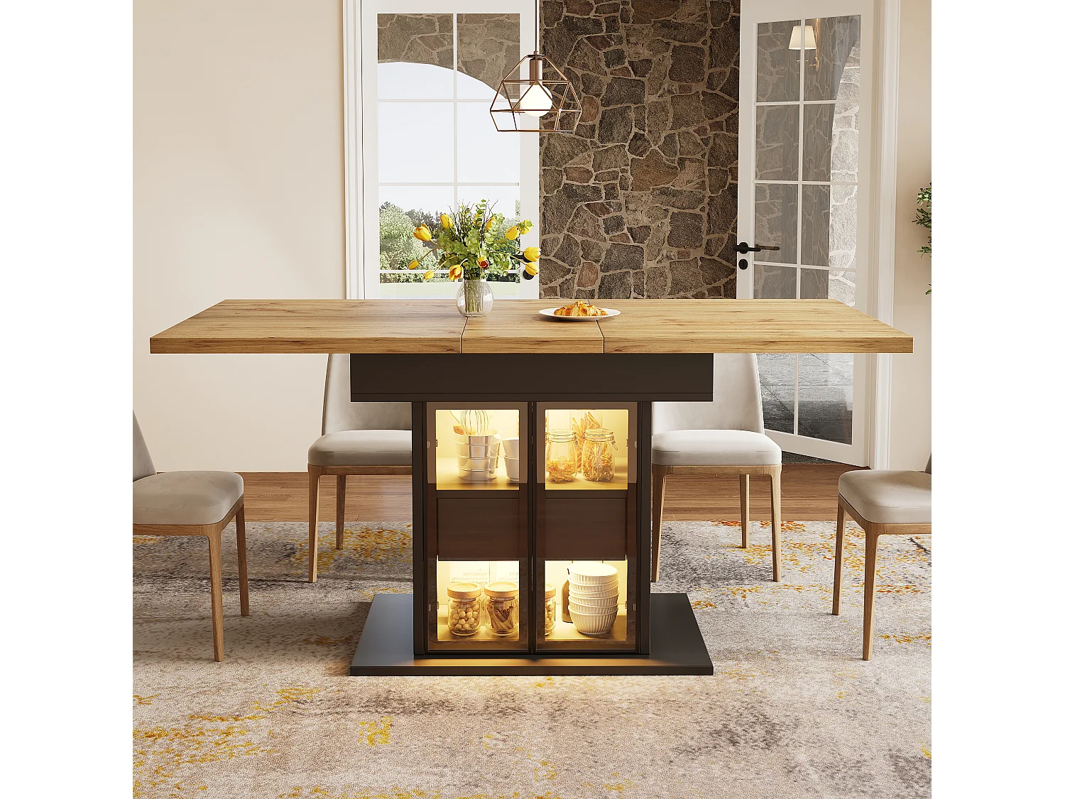 Rozkładany stół jadalny z oświetleniem LED, 2 szklanymi drzwiami i 1 szufladą w środku - MDF - 110/140 x 80 x 77,9 cm - Czarny