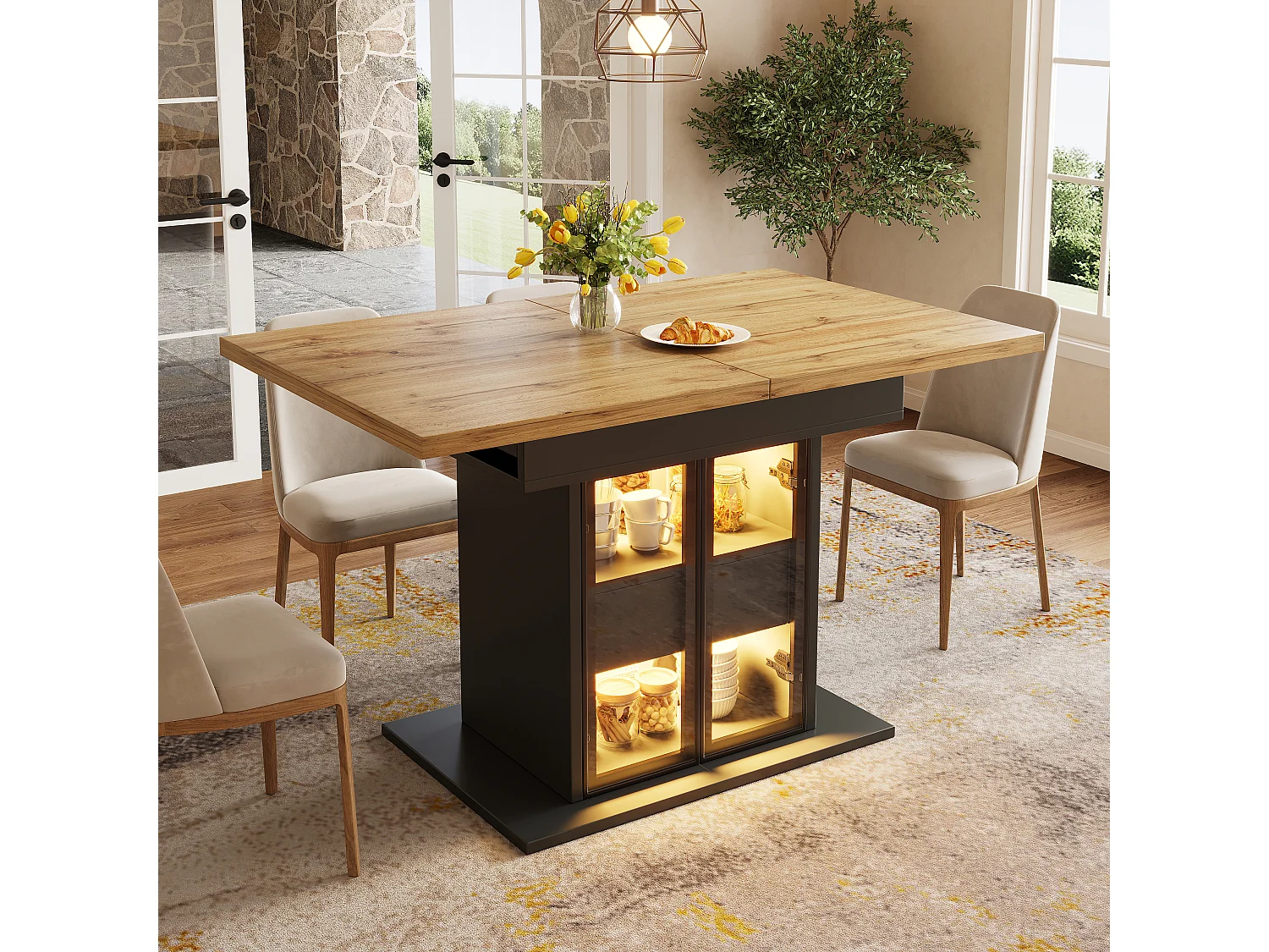 Rozkładany stół jadalny z oświetleniem LED, 2 szklanymi drzwiami i 1 szufladą w środku - MDF - 110/140 x 80 x 77,9 cm - Czarny