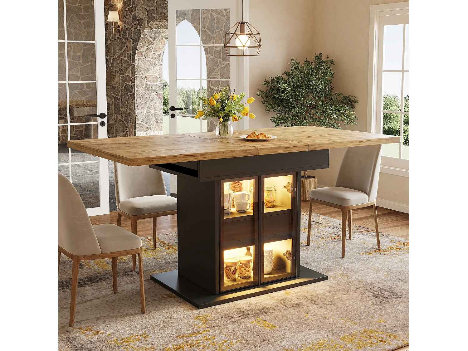 Rozkładany stół jadalny z oświetleniem LED, 2 szklanymi drzwiami i 1 szufladą w środku - MDF - 110/140 x 80 x 77,9 cm - Czarny