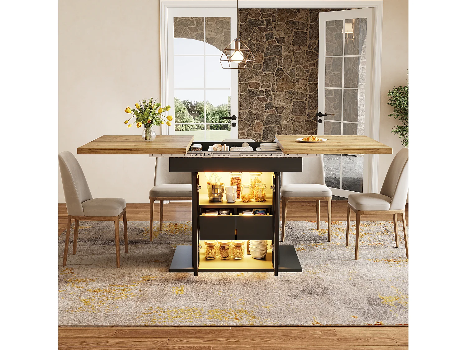 Rozkładany stół jadalny z oświetleniem LED, 2 szklanymi drzwiami i 1 szufladą w środku - MDF - 110/140 x 80 x 77,9 cm - Czarny