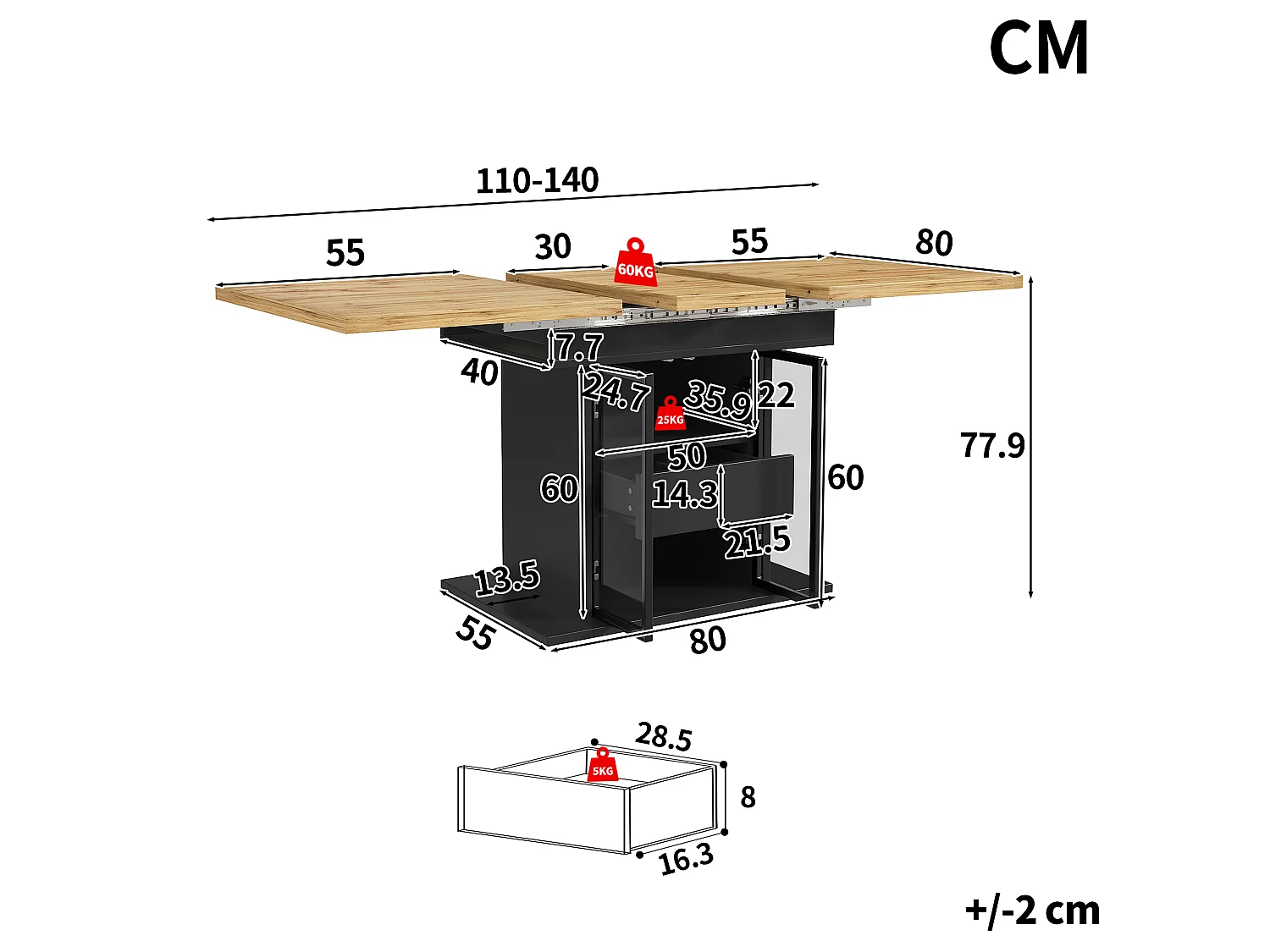 Rozkładany stół jadalny z oświetleniem LED, 2 szklanymi drzwiami i 1 szufladą w środku - MDF - 110/140 x 80 x 77,9 cm - Czarny