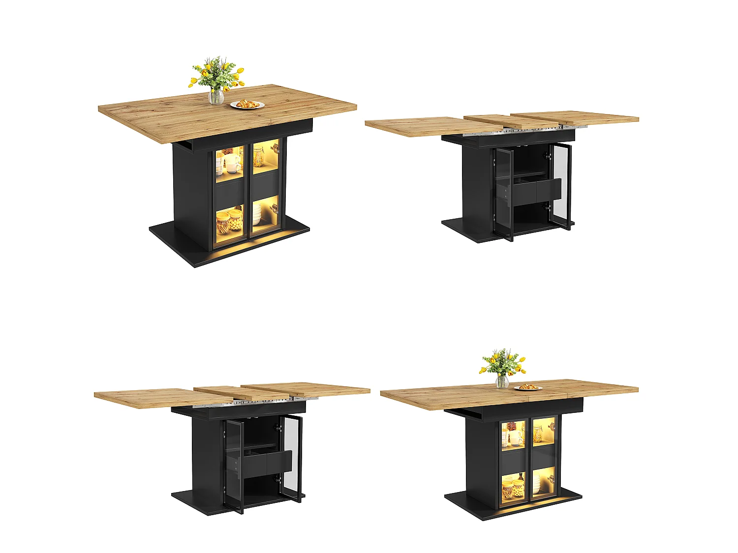 Rozkładany stół jadalny z oświetleniem LED, 2 szklanymi drzwiami i 1 szufladą w środku - MDF - 110/140 x 80 x 77,9 cm - Czarny