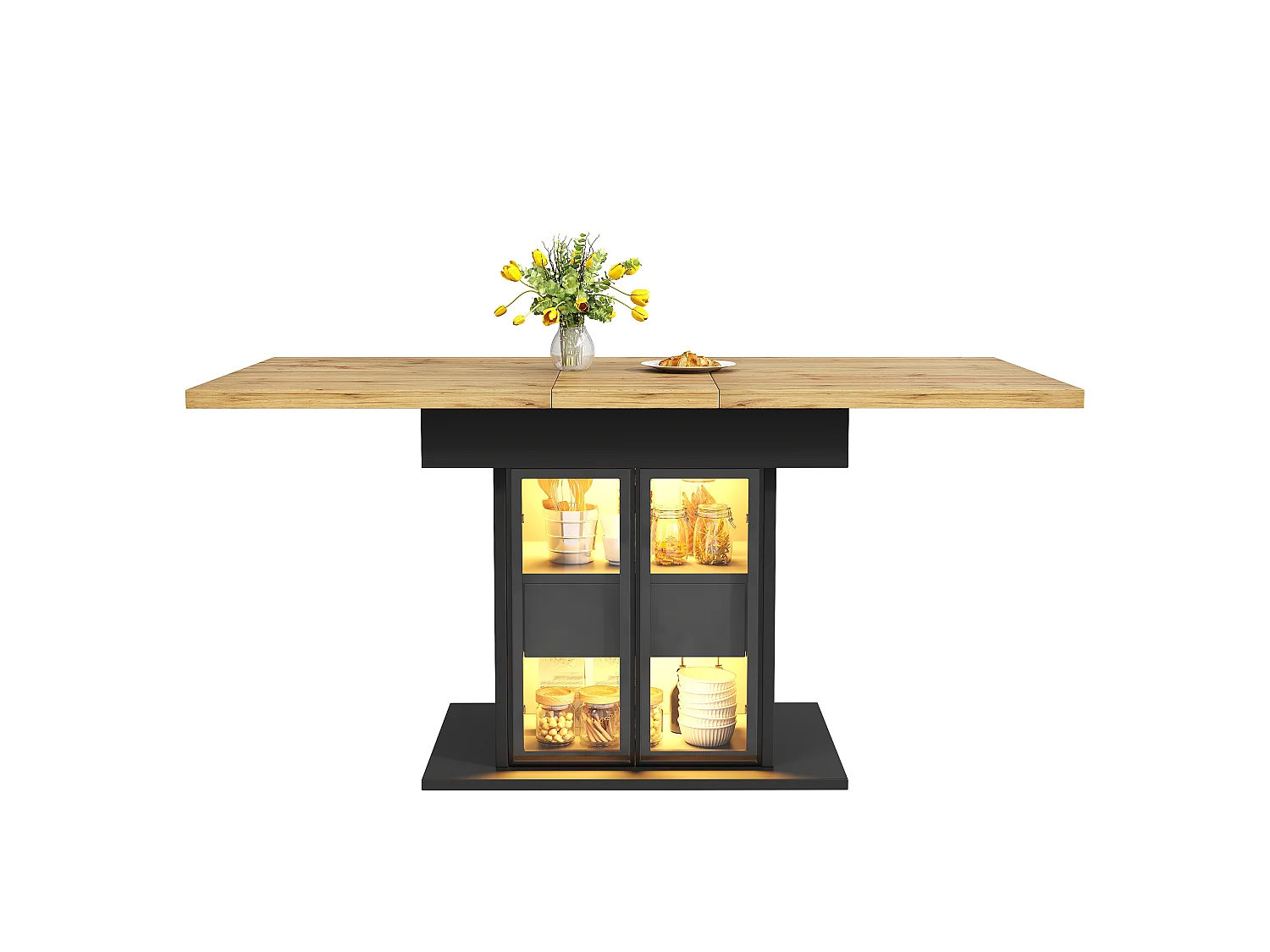 Rozkładany stół jadalny z oświetleniem LED, 2 szklanymi drzwiami i 1 szufladą w środku - MDF - 110/140 x 80 x 77,9 cm - Czarny