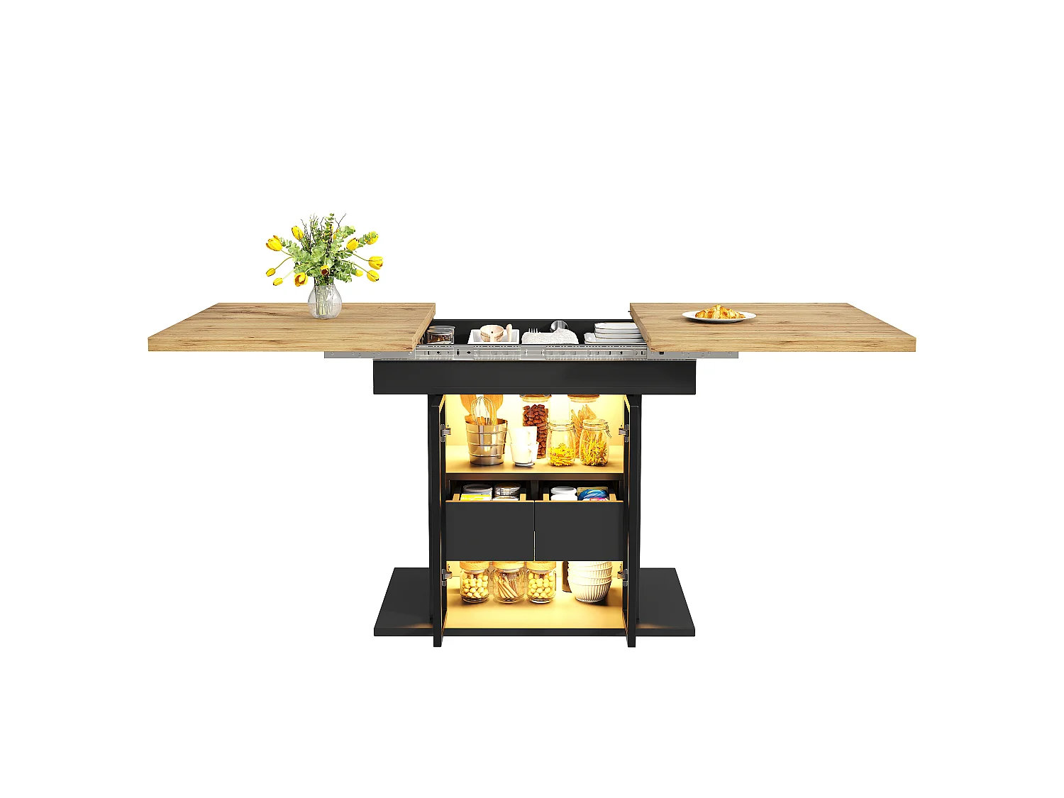 Rozkładany stół jadalny z oświetleniem LED, 2 szklanymi drzwiami i 1 szufladą w środku - MDF - 110/140 x 80 x 77,9 cm - Czarny