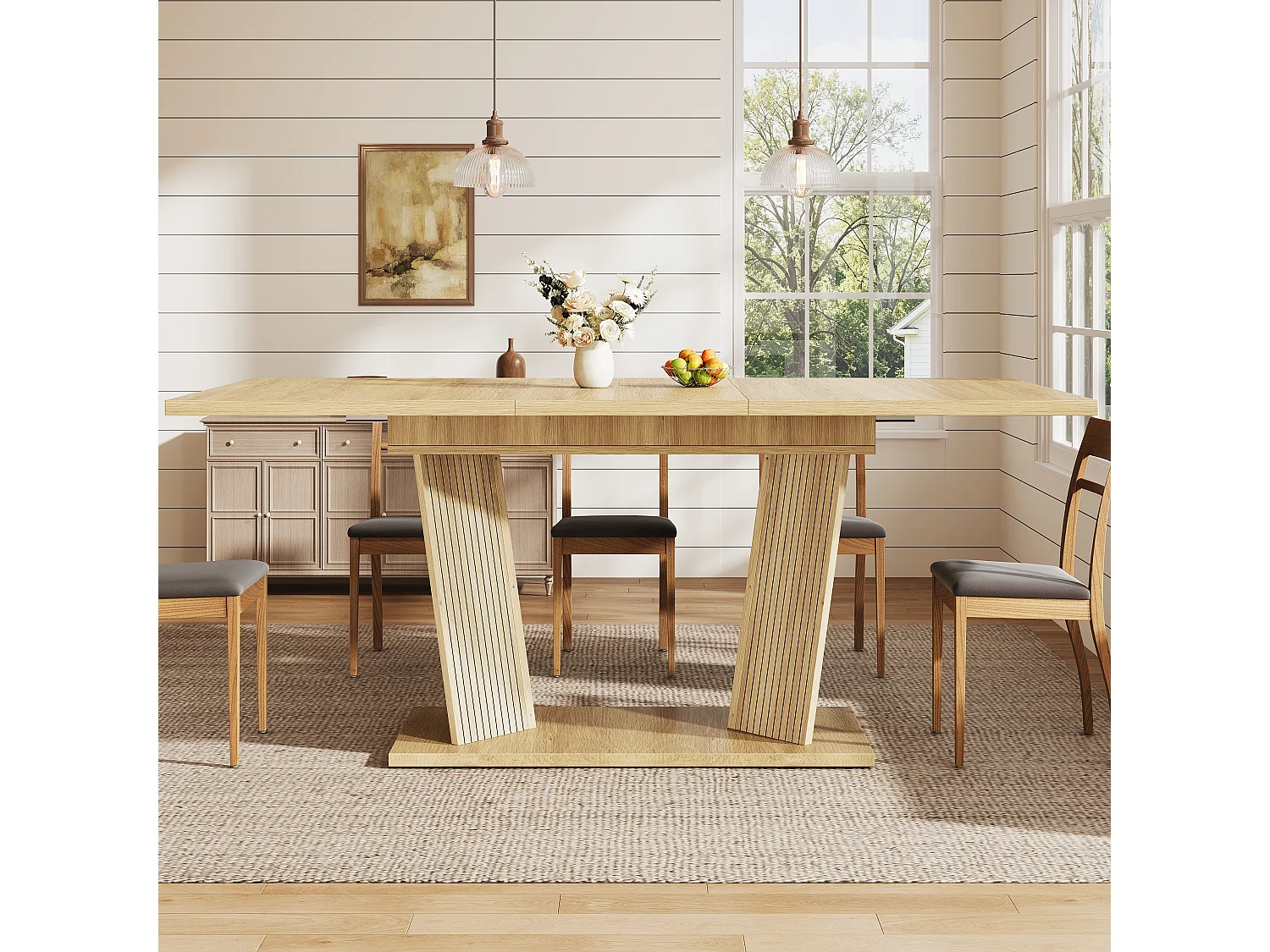 Table à manger extensible effet bois avec pieds réglables antidérapants - MDF et métal - 120/160 x 80 x 76 cm - Naturel