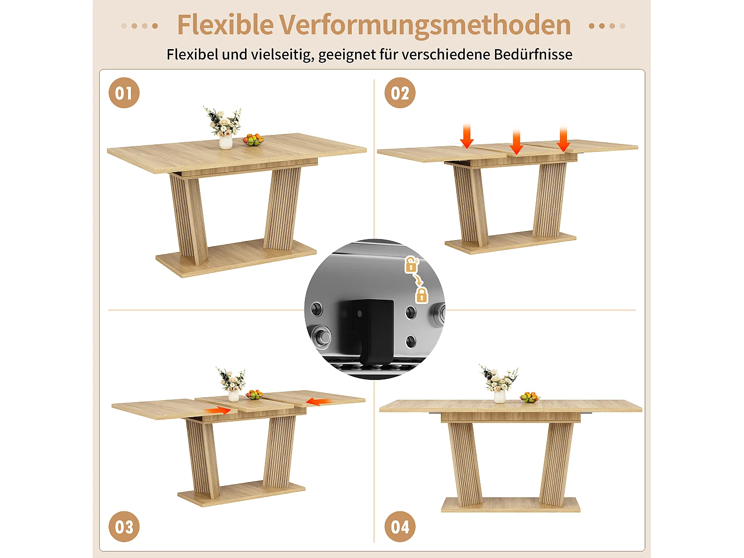 Table à manger extensible effet bois avec pieds réglables antidérapants - MDF et métal - 120/160 x 80 x 76 cm - Naturel