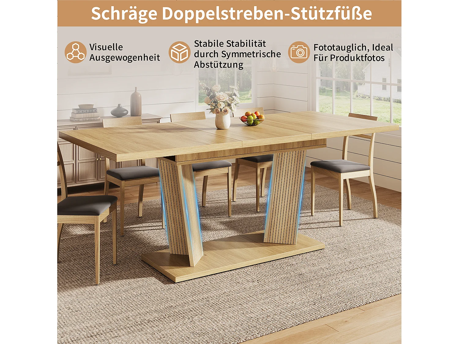 Table à manger extensible effet bois avec pieds réglables antidérapants - MDF et métal - 120/160 x 80 x 76 cm - Naturel