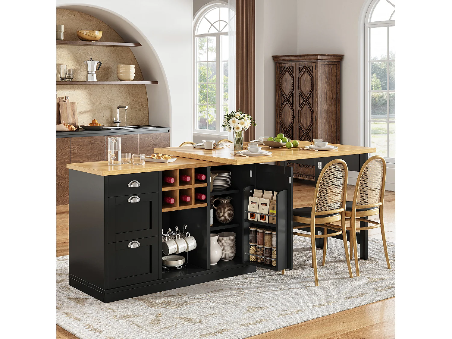 Table de bar extensible et pivotante avec casier à vin, 3 tiroirs et 1 porte - MDF - 120-197 x 40 x 74 cm - Noir + naturel