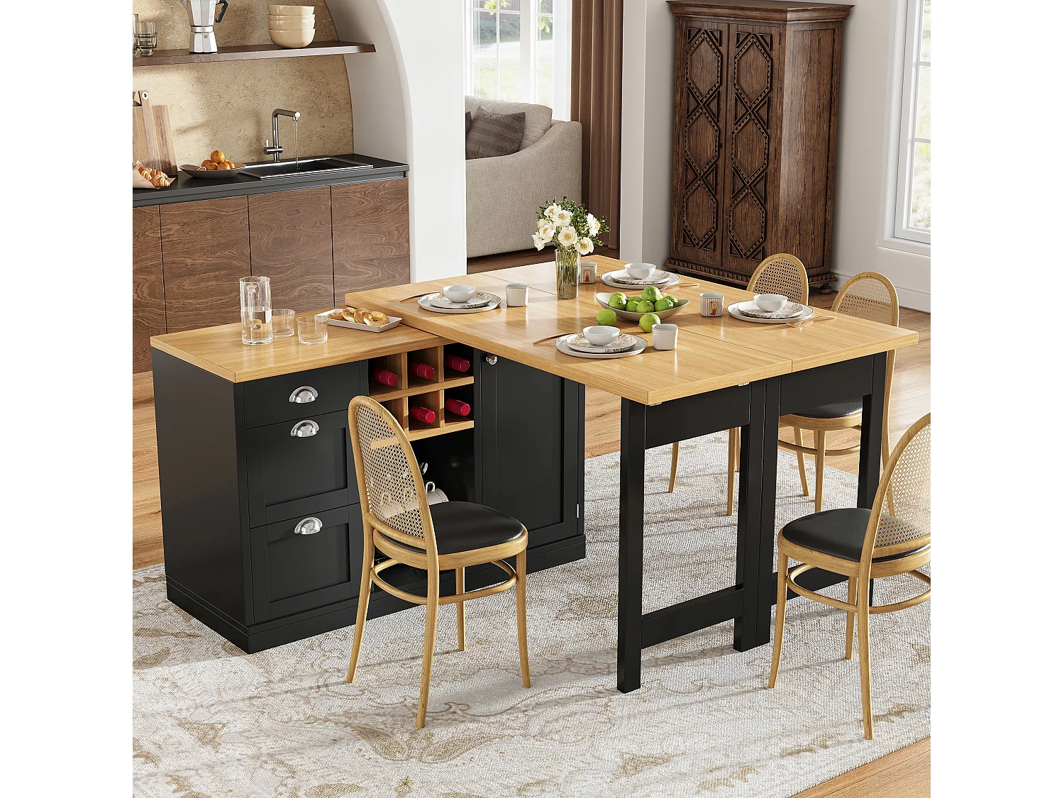 Table de bar extensible et pivotante avec casier à vin, 3 tiroirs et 1 porte - MDF - 120-197 x 40 x 74 cm - Noir + naturel