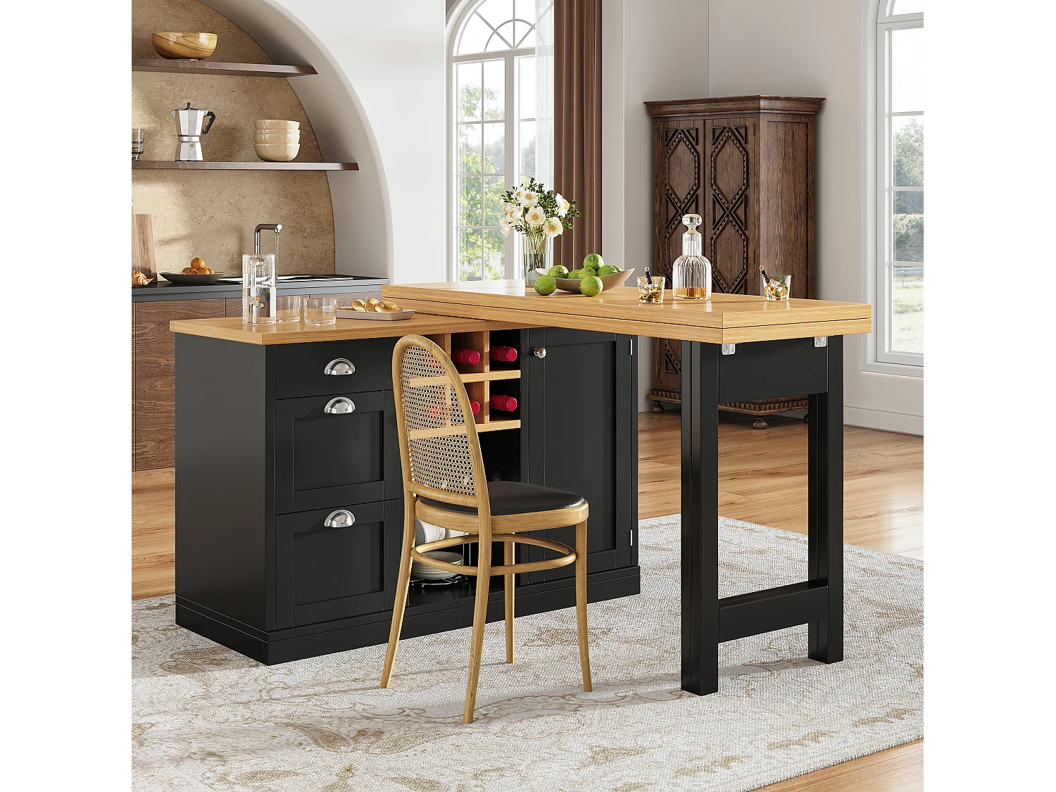 Table de bar extensible et pivotante avec casier à vin, 3 tiroirs et 1 porte - MDF - 120-197 x 40 x 74 cm - Noir + naturel